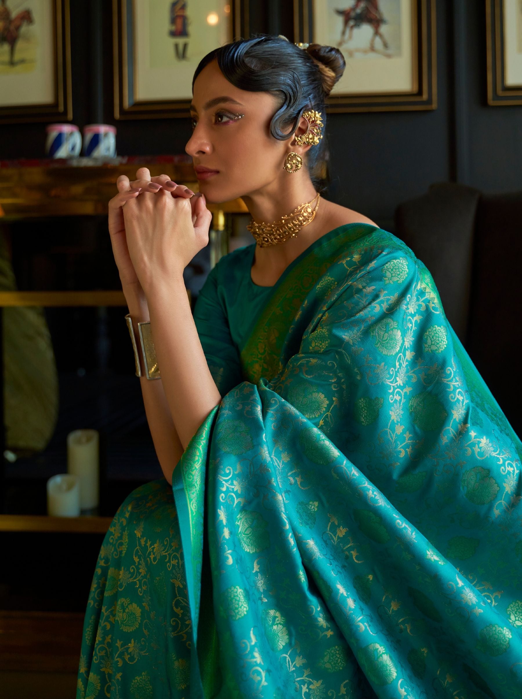 Pine Green Soft Silk Handloom Weaving Party Saree - TrendOye