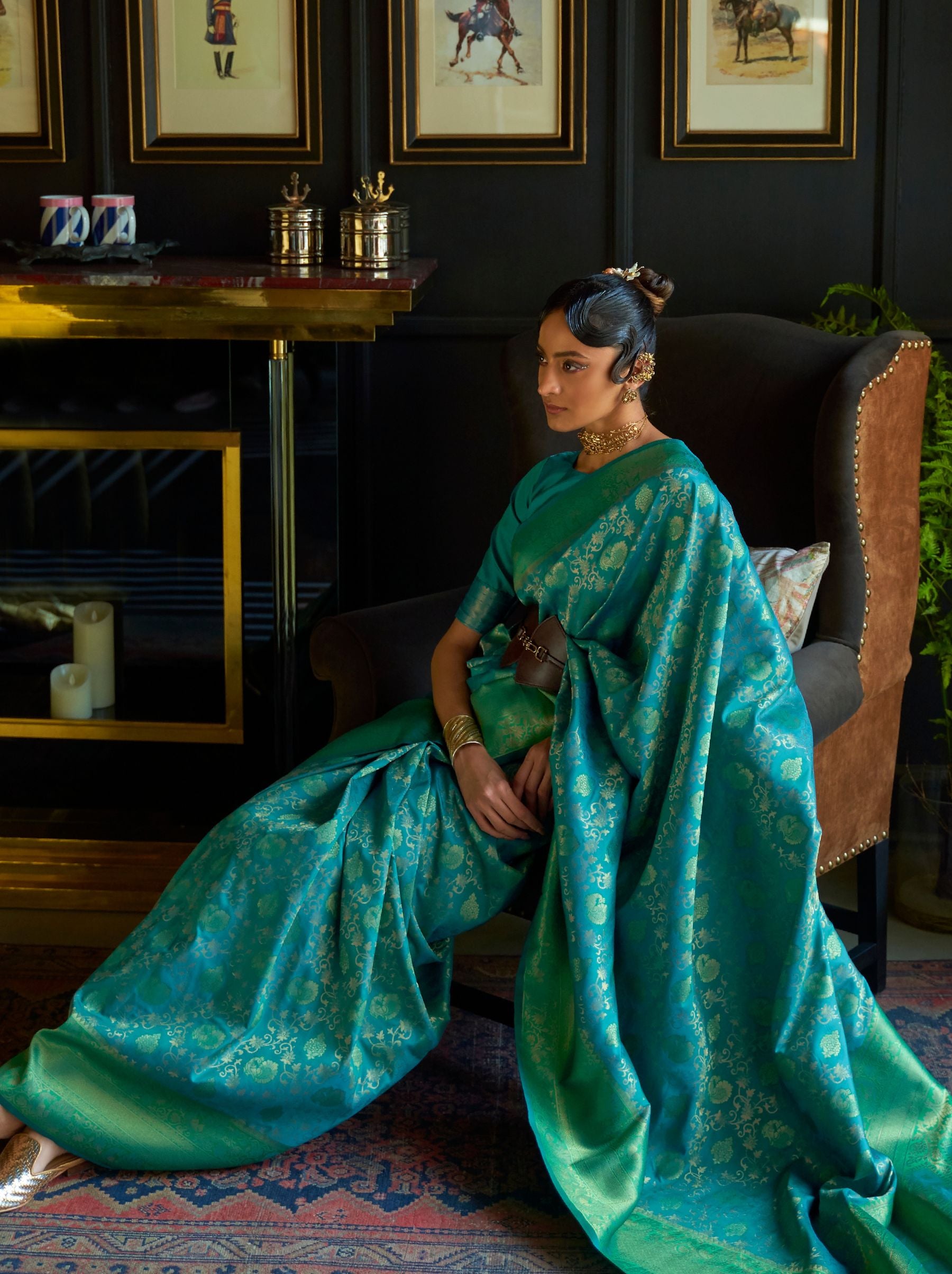 Pine Green Soft Silk Handloom Weaving Party Saree - TrendOye