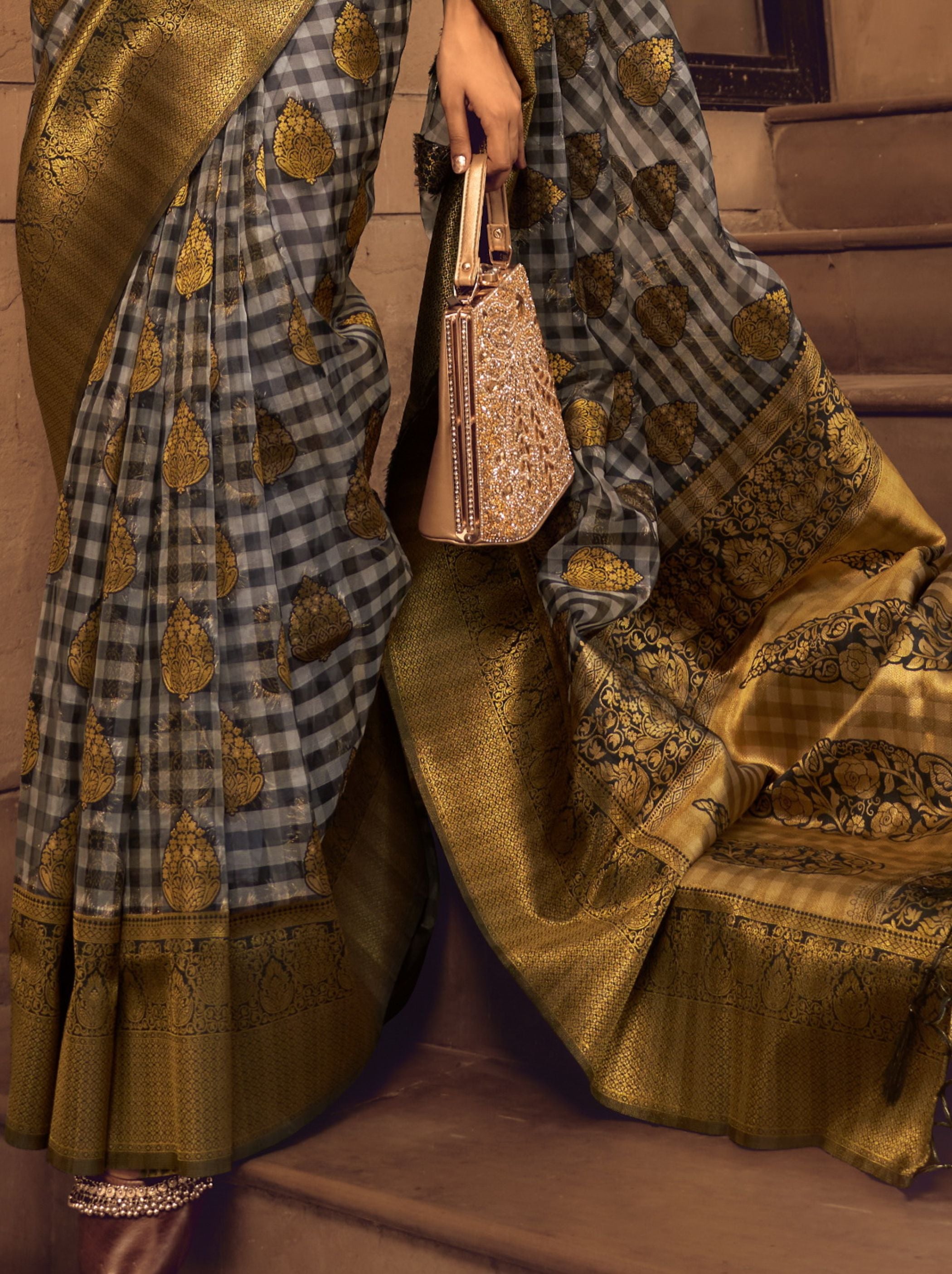 Gold Grey Organza Checkered premium Saree - TrendOye