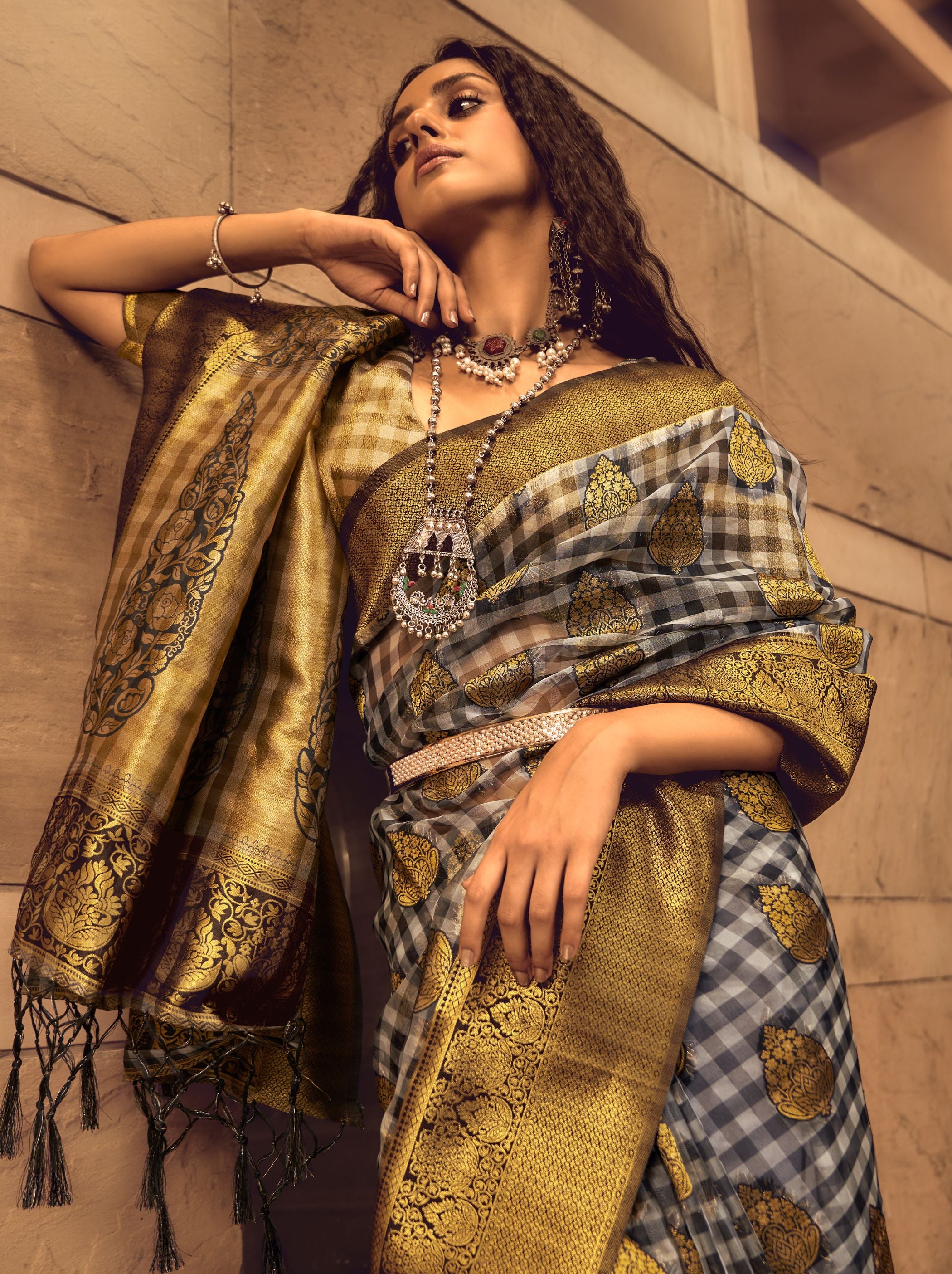 Gold Grey Organza Checkered premium Saree - TrendOye