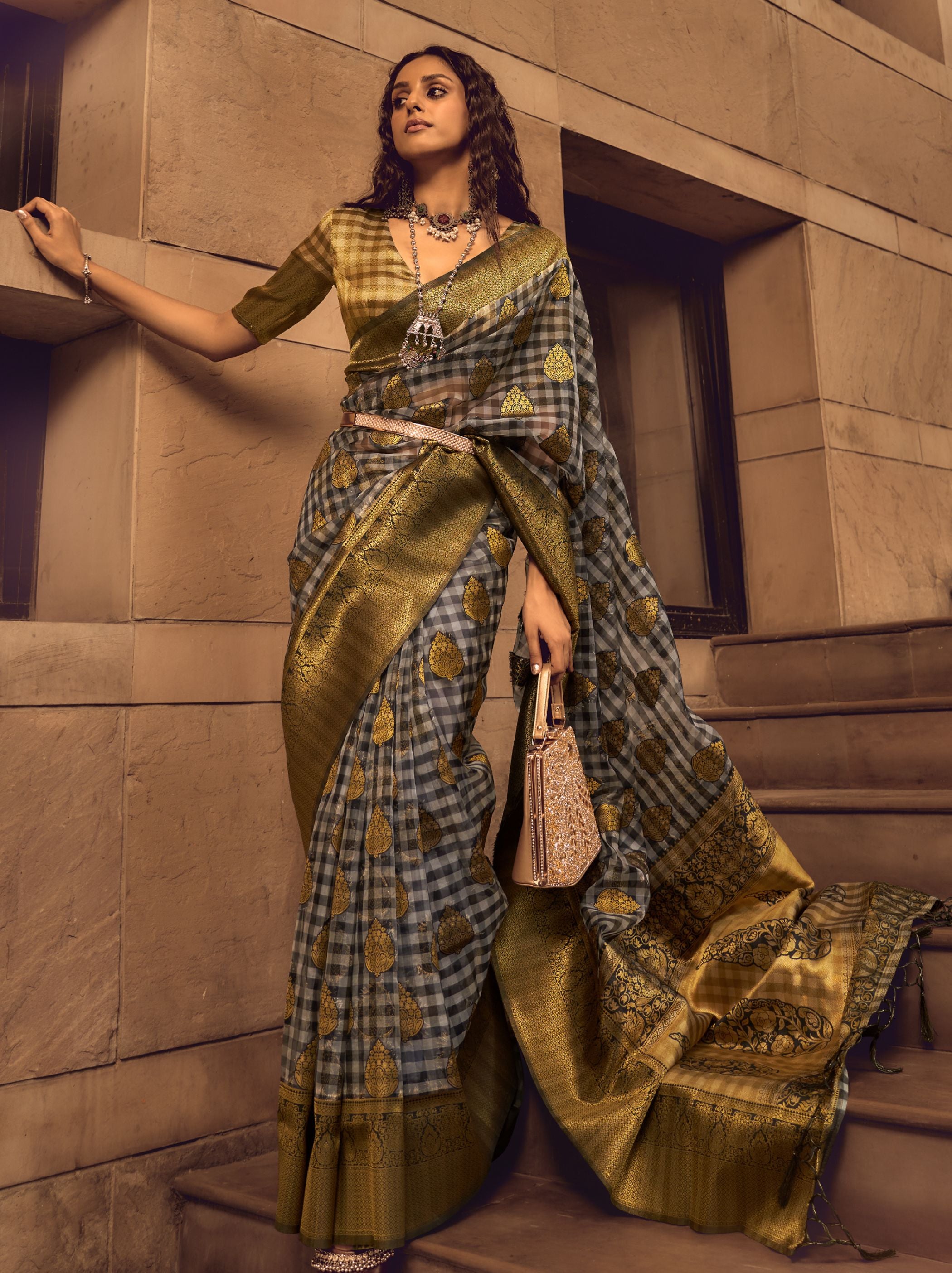 Gold Grey Organza Checkered premium Saree - TrendOye