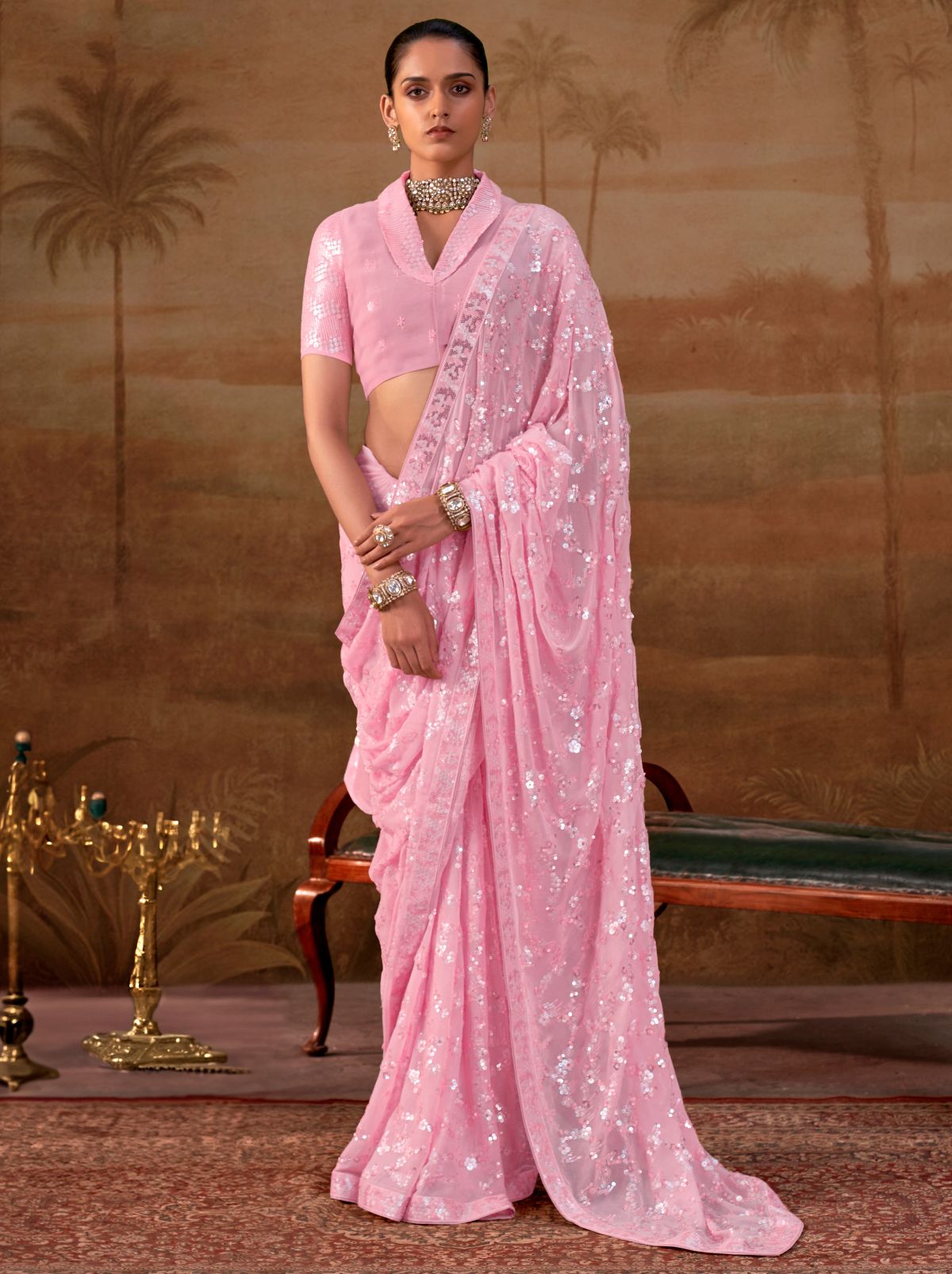 Rose Pink Premium Georgette Silk Saree Sequin & Thread Work