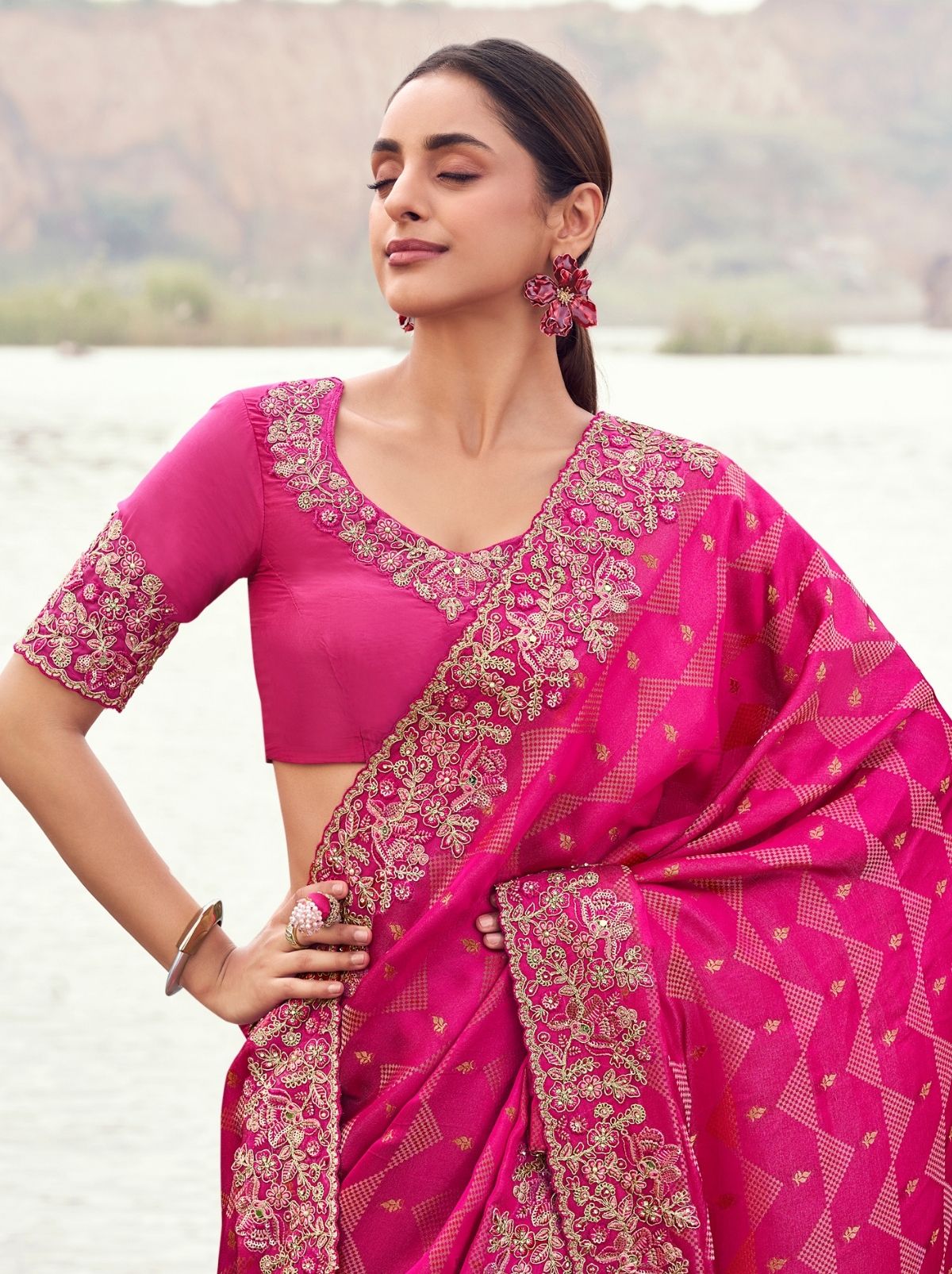 Ruby Pink Premium Satin Silk Saree With Blouse Piece
