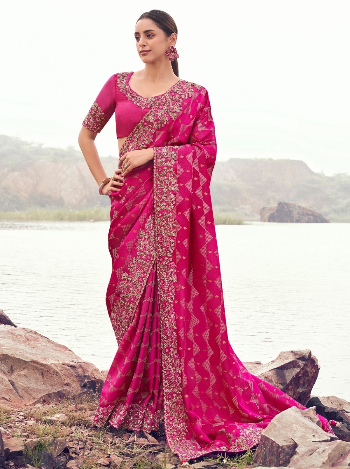 Ruby Pink Premium Satin Silk Saree With Blouse Piece