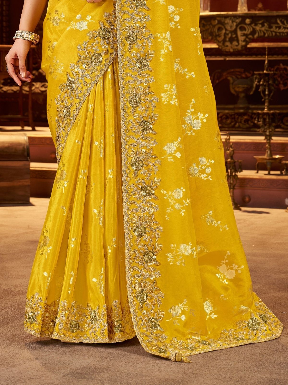 Bumblebee Yellow Traditional Bridal Saree With Designer Blouse Piece