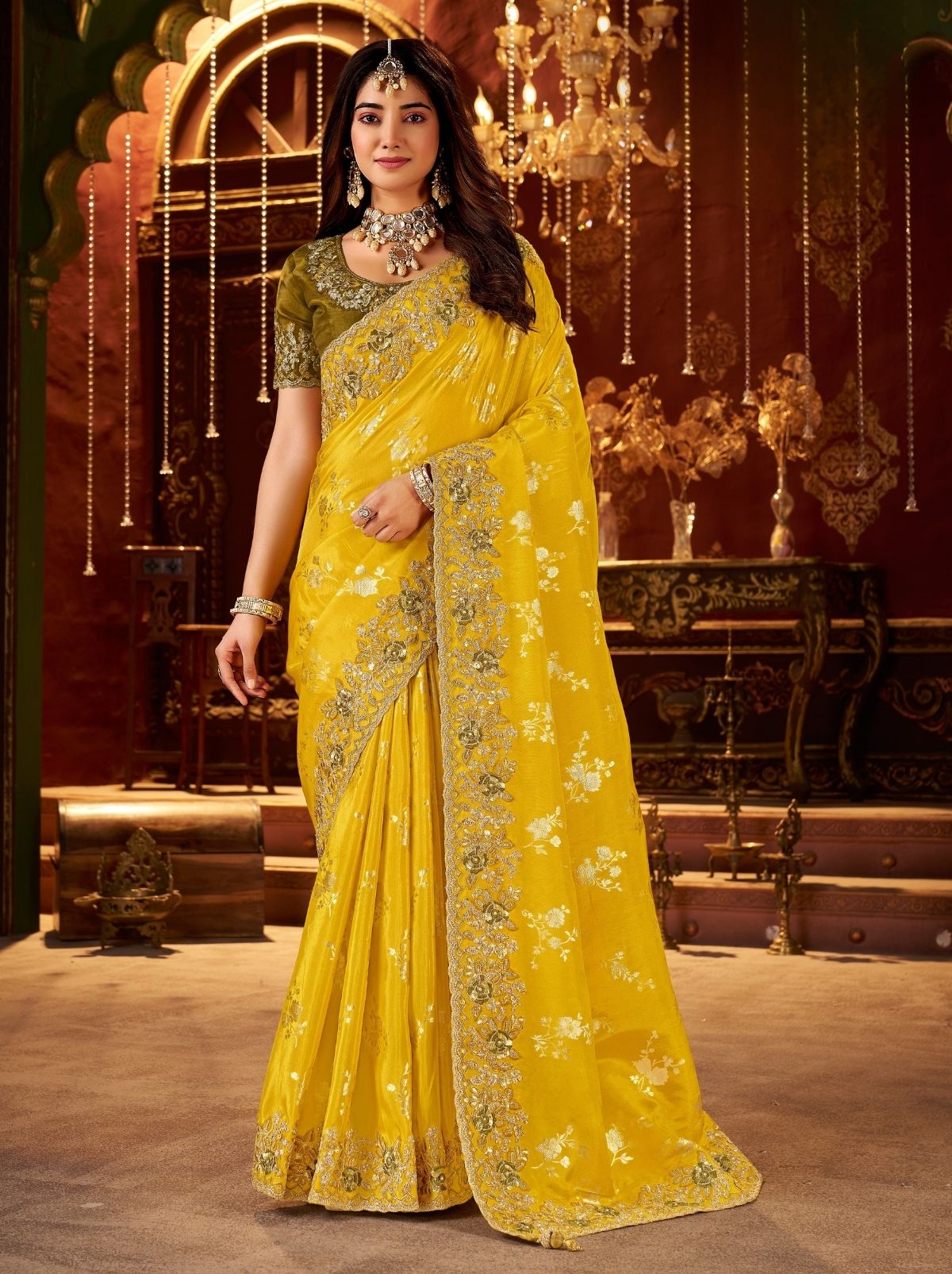 Bumblebee Yellow Traditional Bridal Saree With Designer Blouse Piece