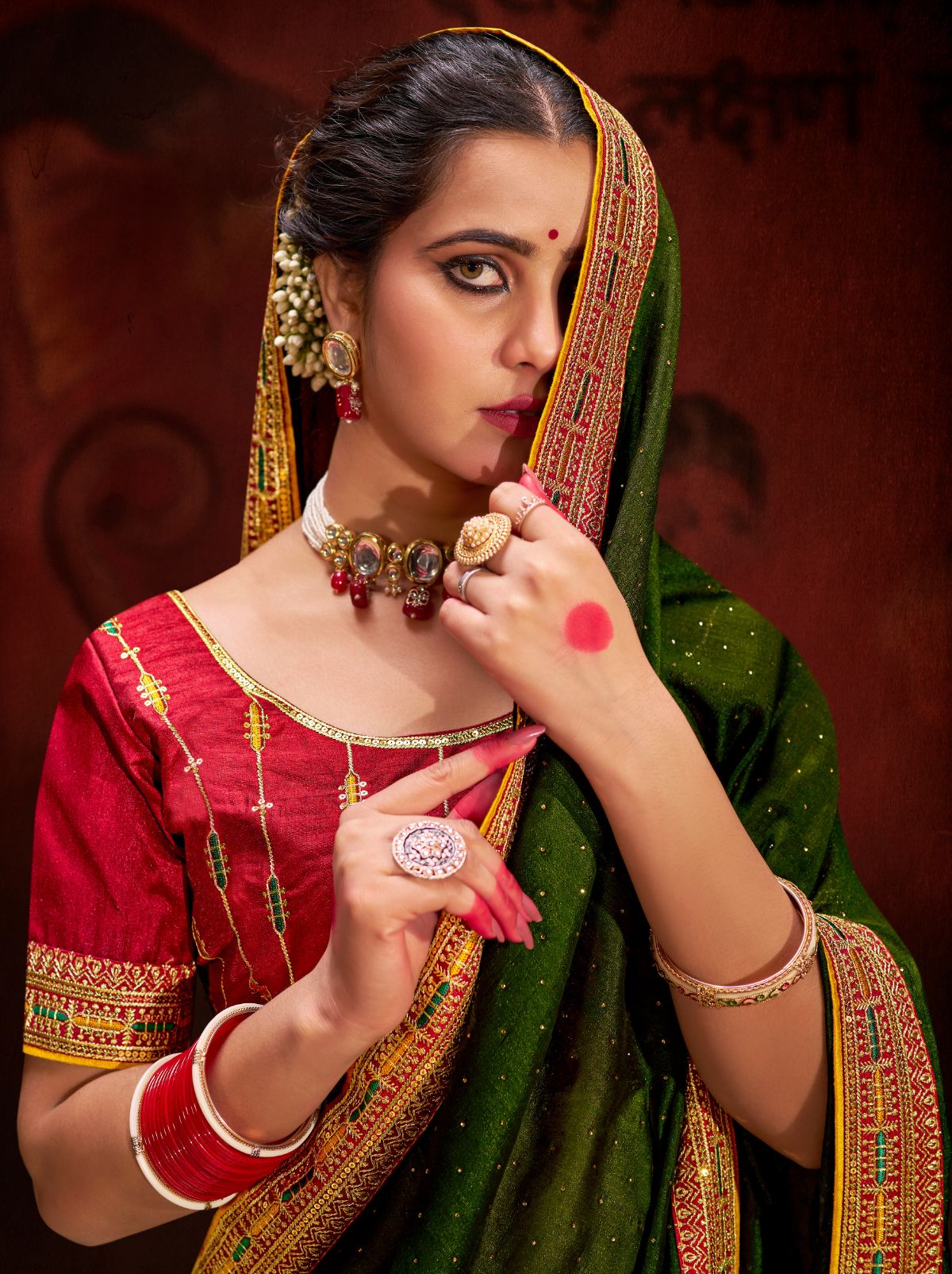 Army Green Fine Ethnic Designer Silk Saree - TrendOye