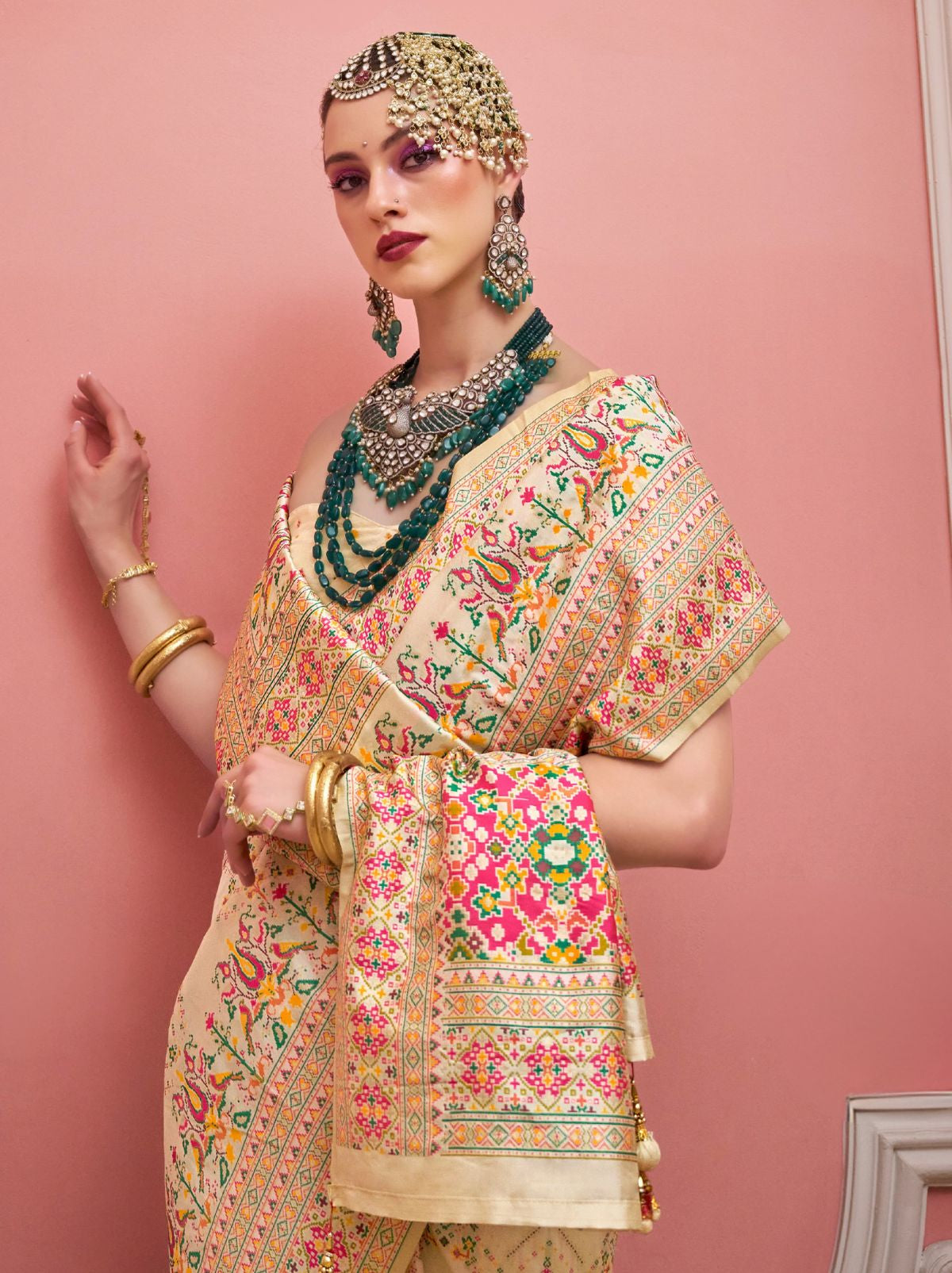 Beige Banarasi Silk Saree With Meenakari Work