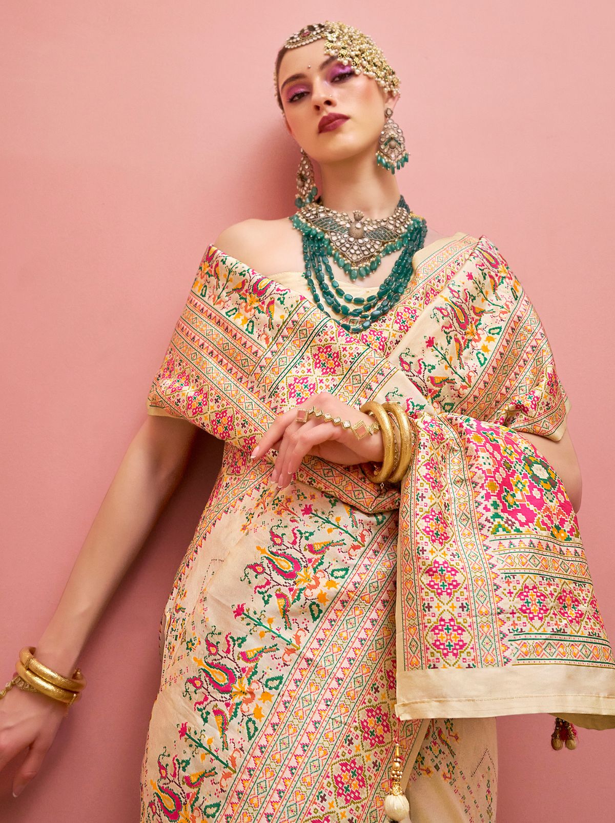 Beige Banarasi Silk Saree With Meenakari Work