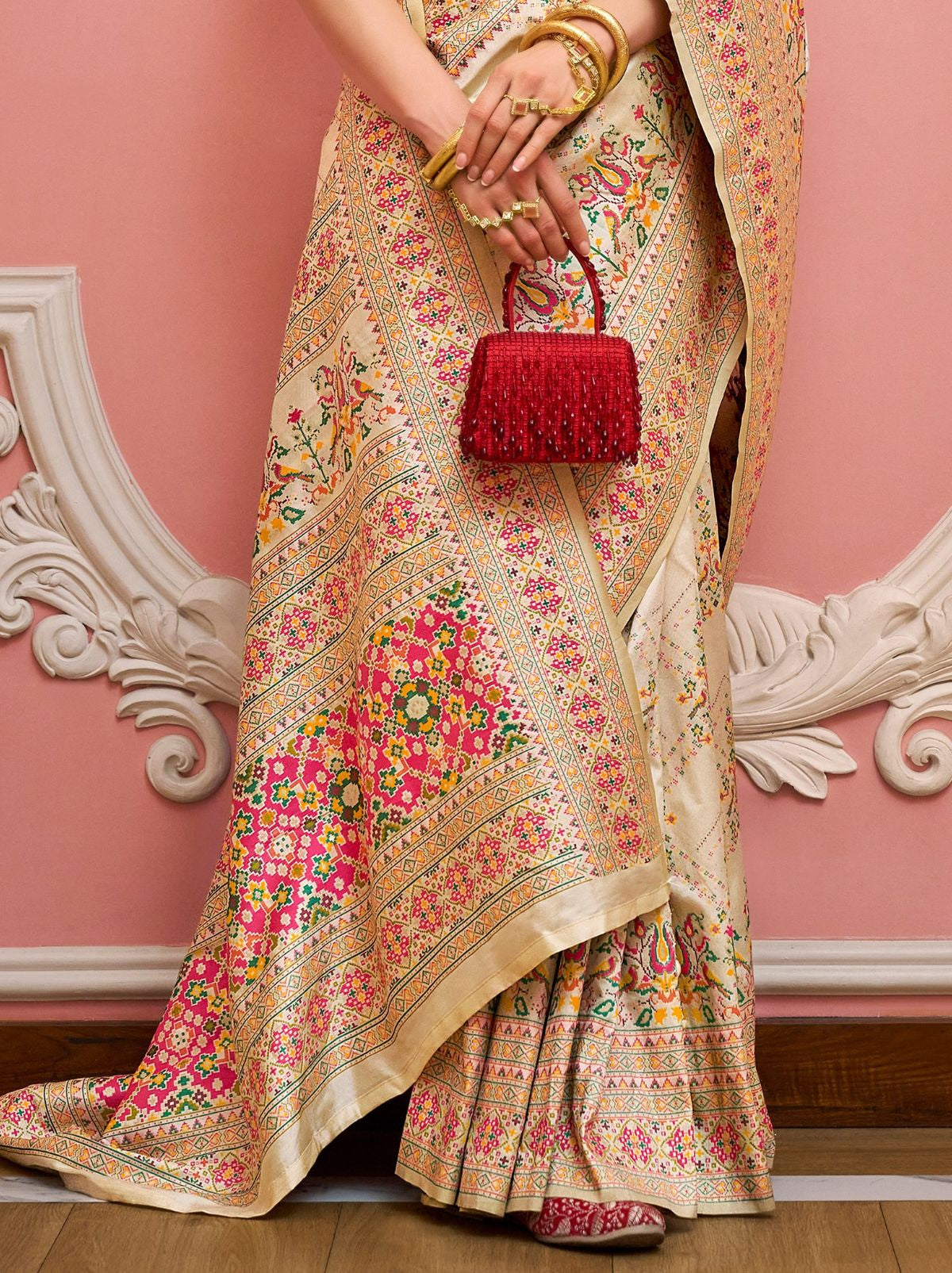Beige Banarasi Silk Saree With Meenakari Work