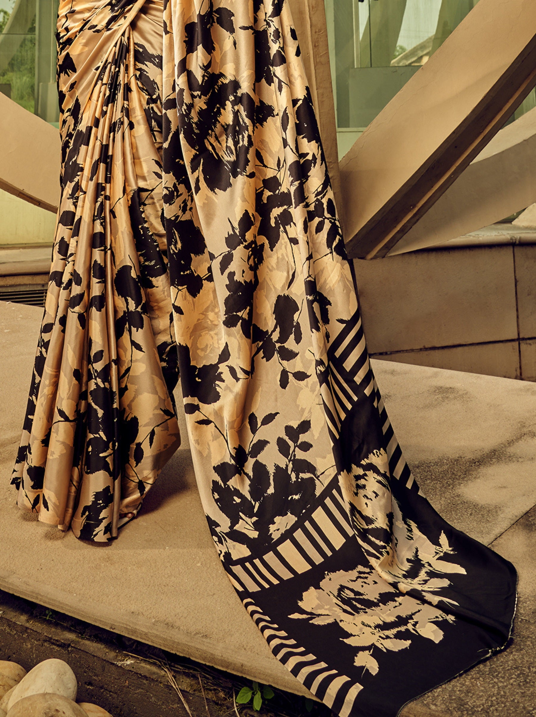 Beige-Black Floral Pattern Fancy Digital Satin Crepe Saree - TrendOye