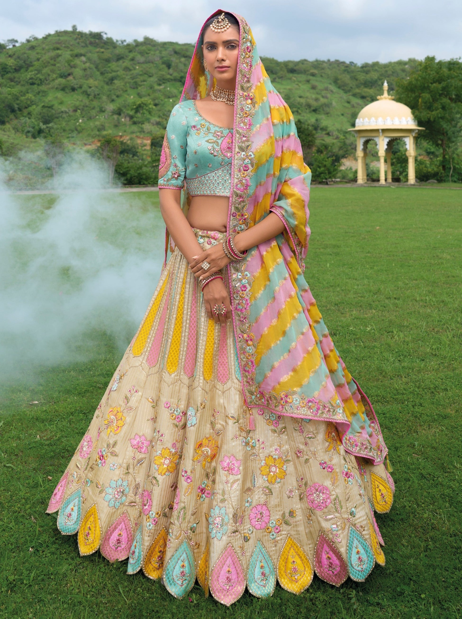 Sand Beige Wedding Lehenga Set With Floral Thread And Stone Work - TrendOye