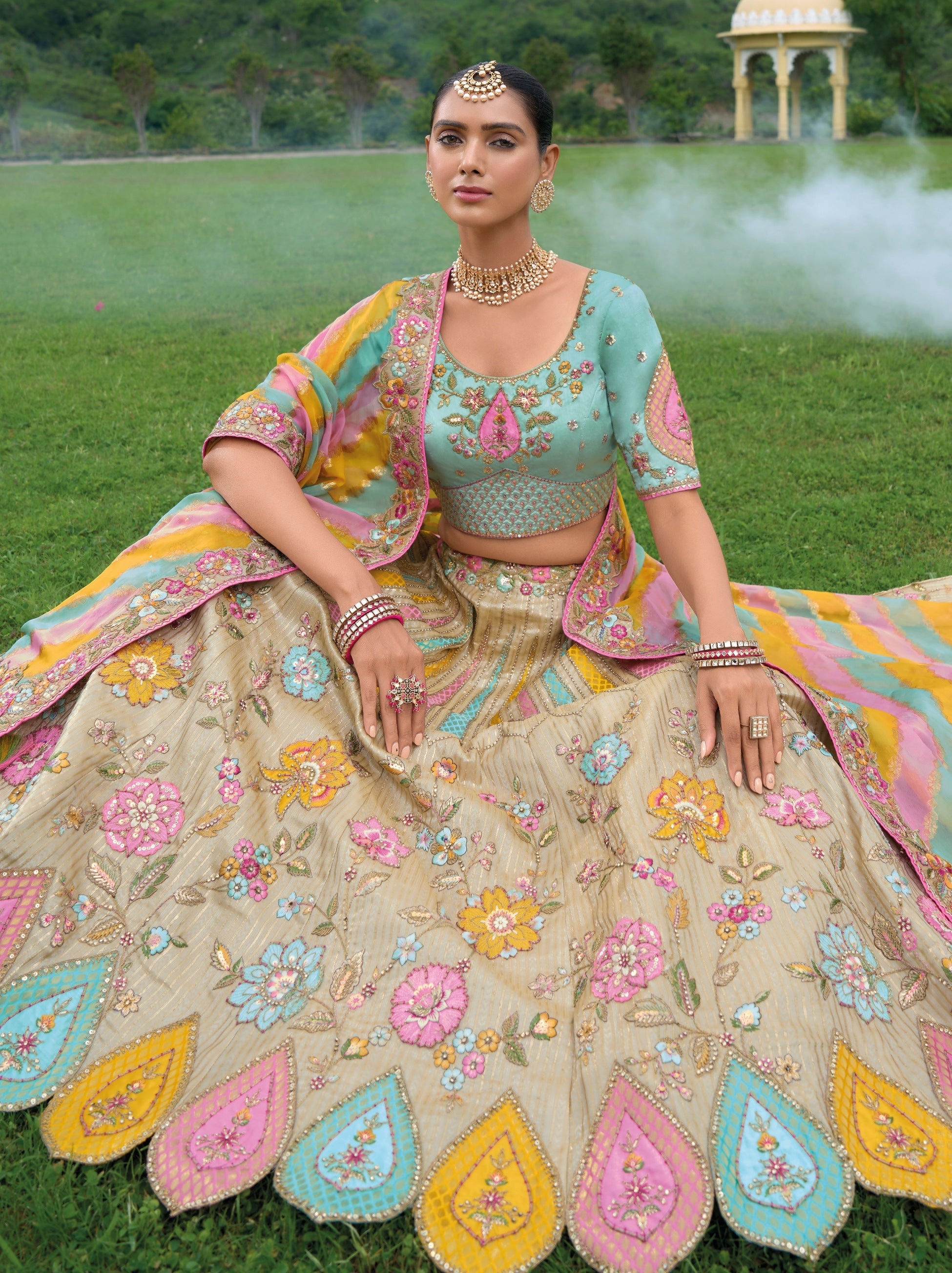 Sand Beige Wedding Lehenga Set With Floral Thread And Stone Work - TrendOye