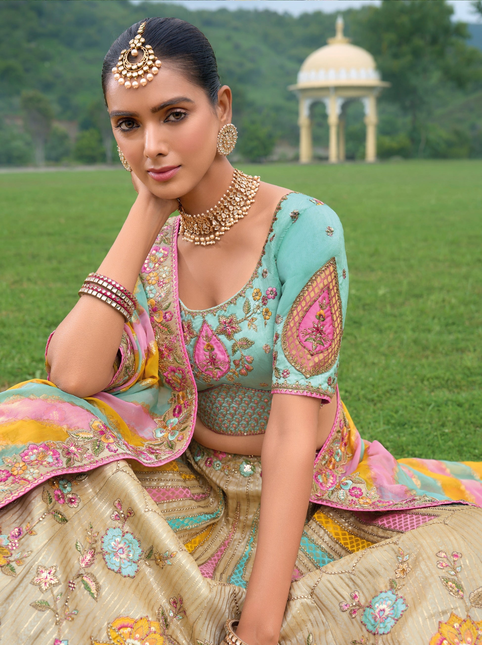 Sand Beige Wedding Lehenga Set With Floral Thread And Stone Work - TrendOye