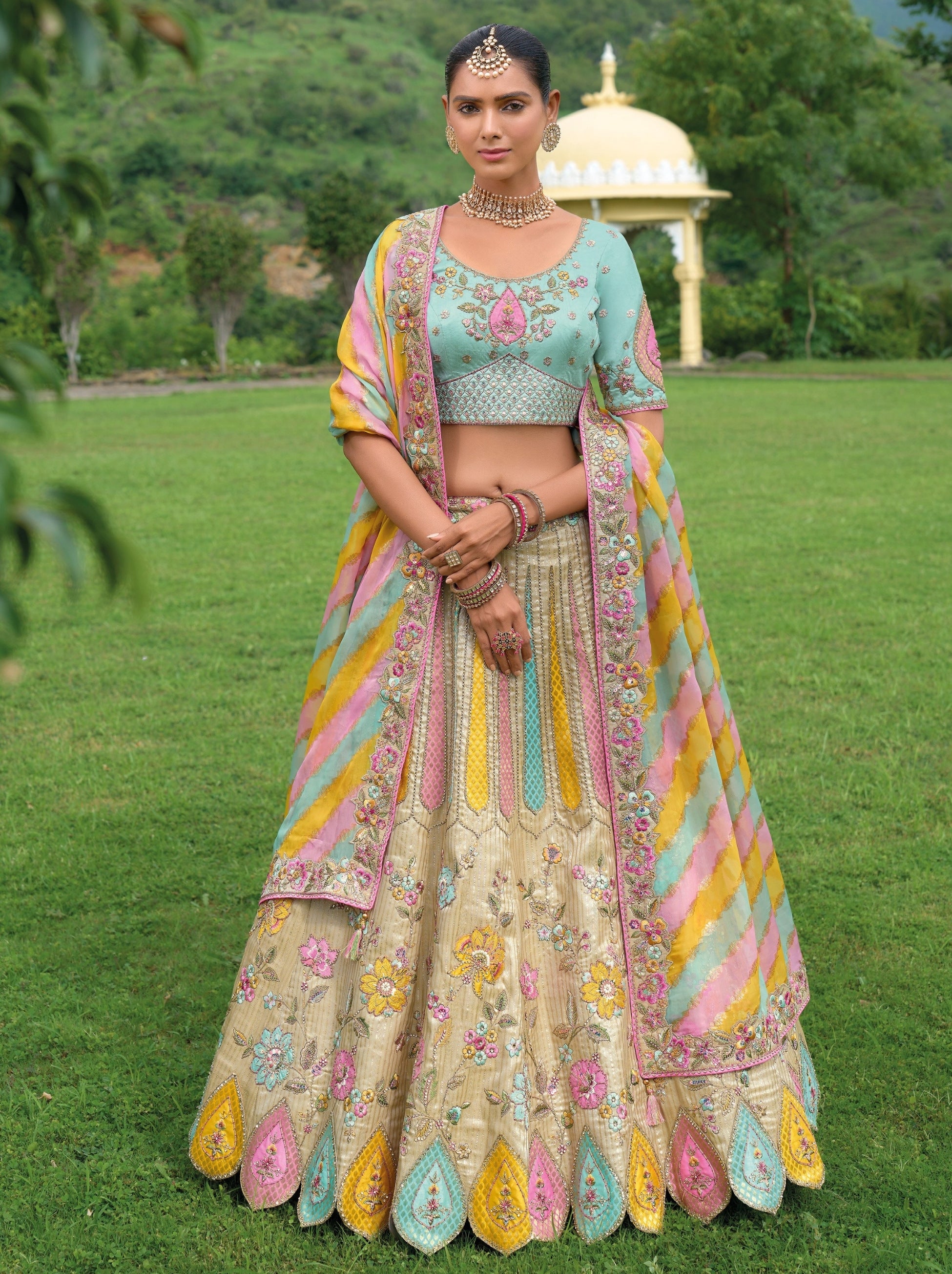 Sand Beige Wedding Lehenga Set With Floral Thread And Stone Work - TrendOye