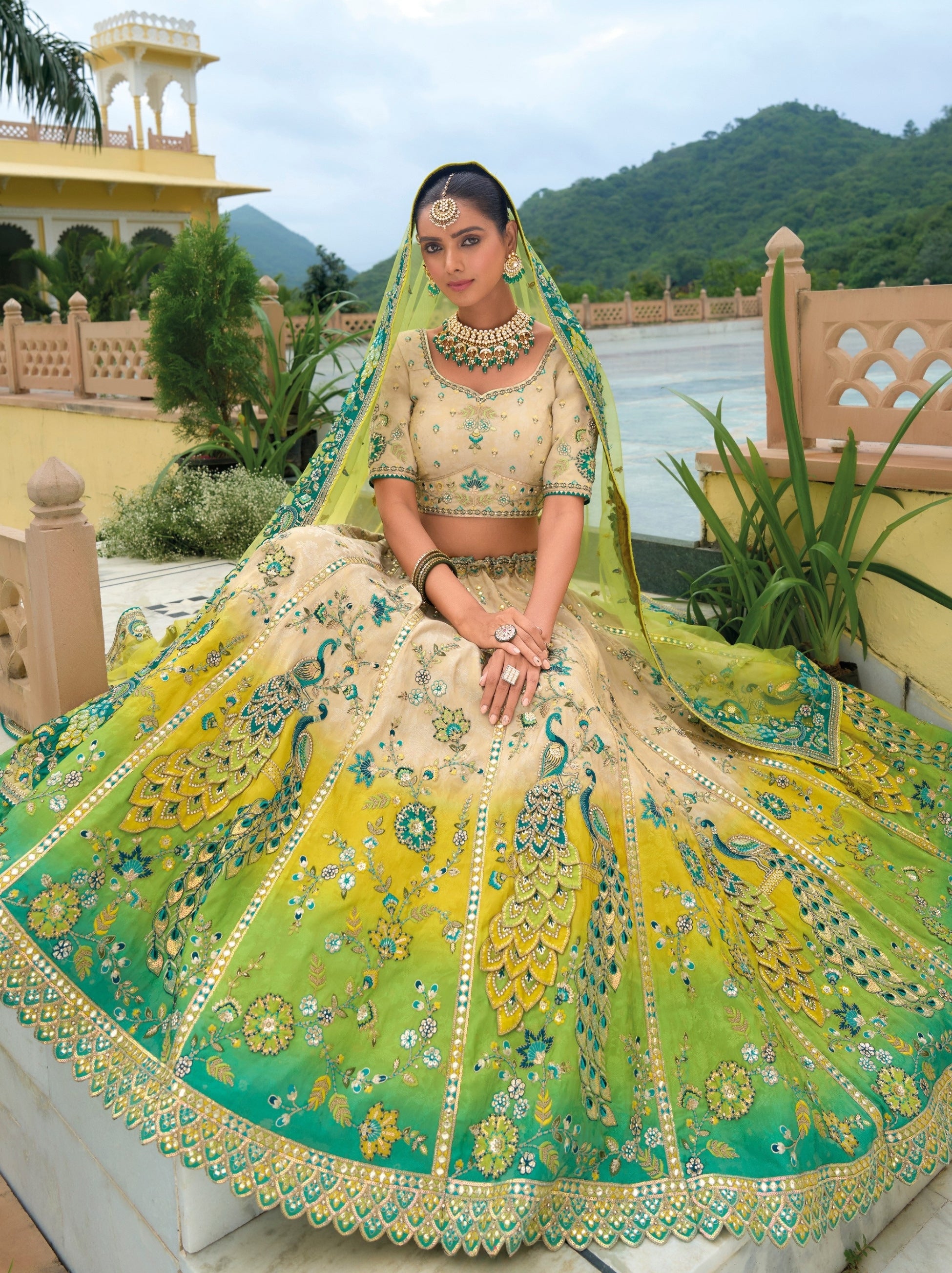 Beige Wedding Lehenga Set With Embellished Patch work - TrendOye