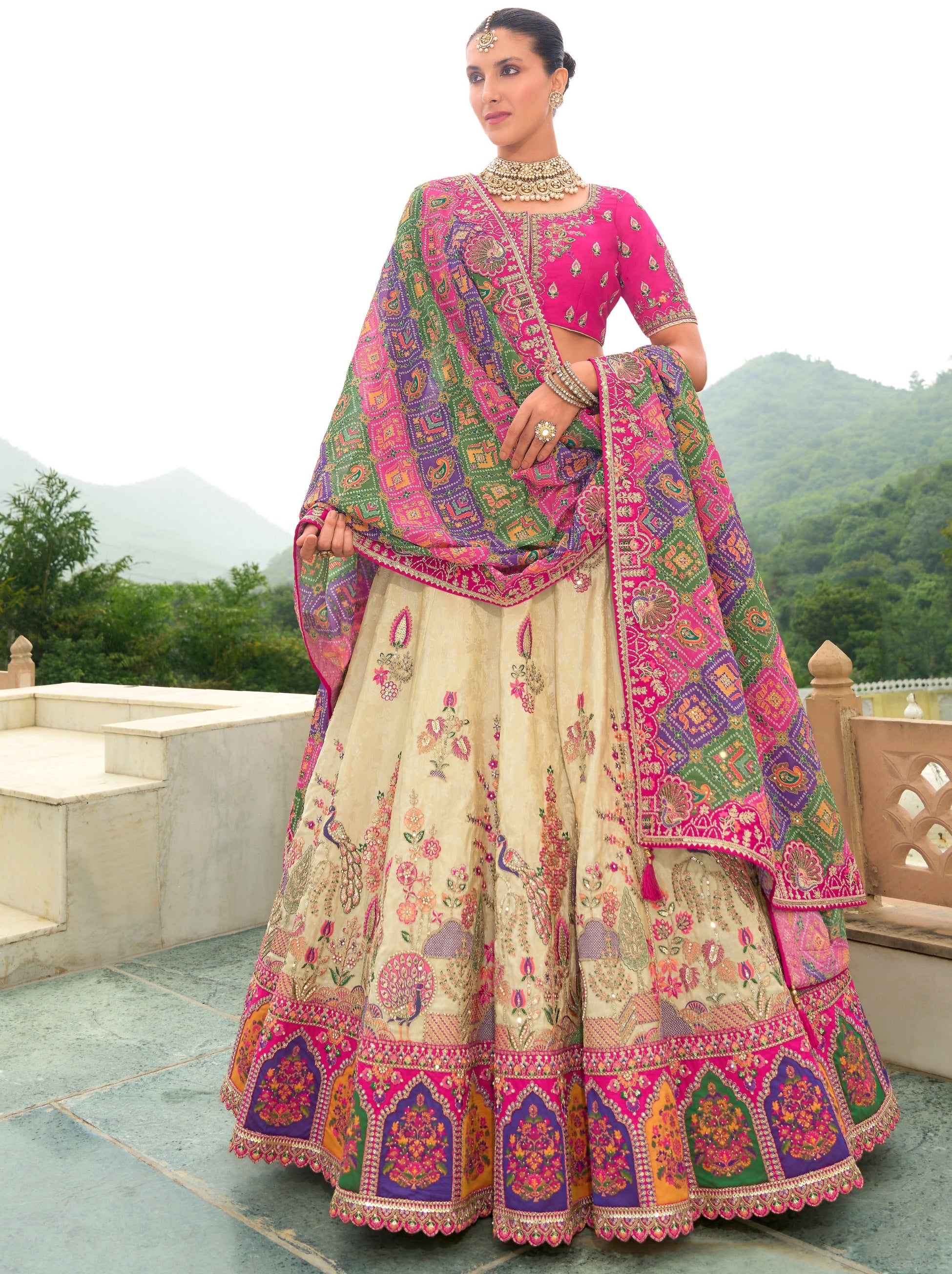 Light Beige Wedding Lehenga Set With Traditional Gota Patti Embroidery - TrendOye