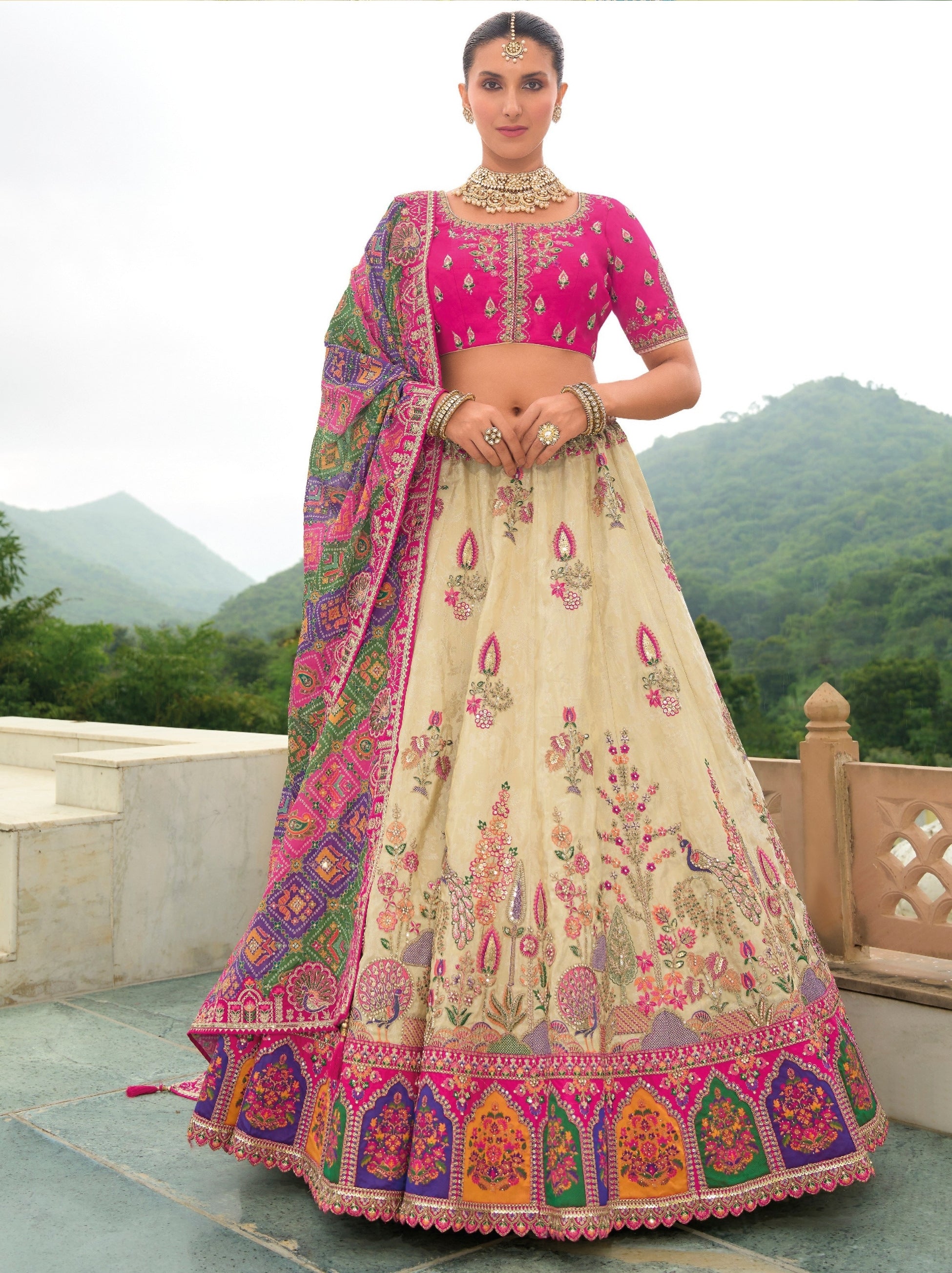Light Beige Wedding Lehenga Set With Traditional Gota Patti Embroidery - TrendOye