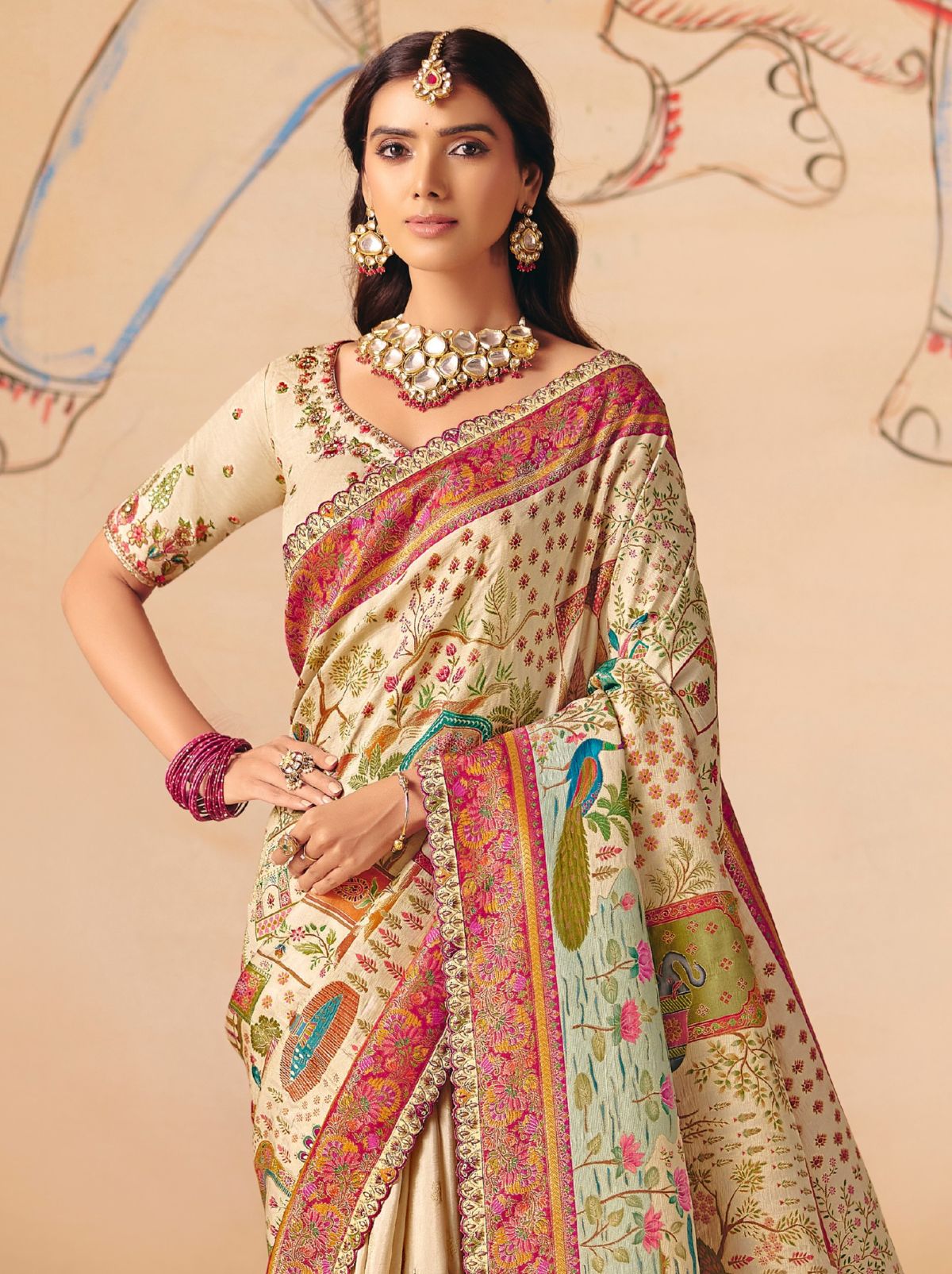 Off White Designer Dola Silk Saree with Embroidery