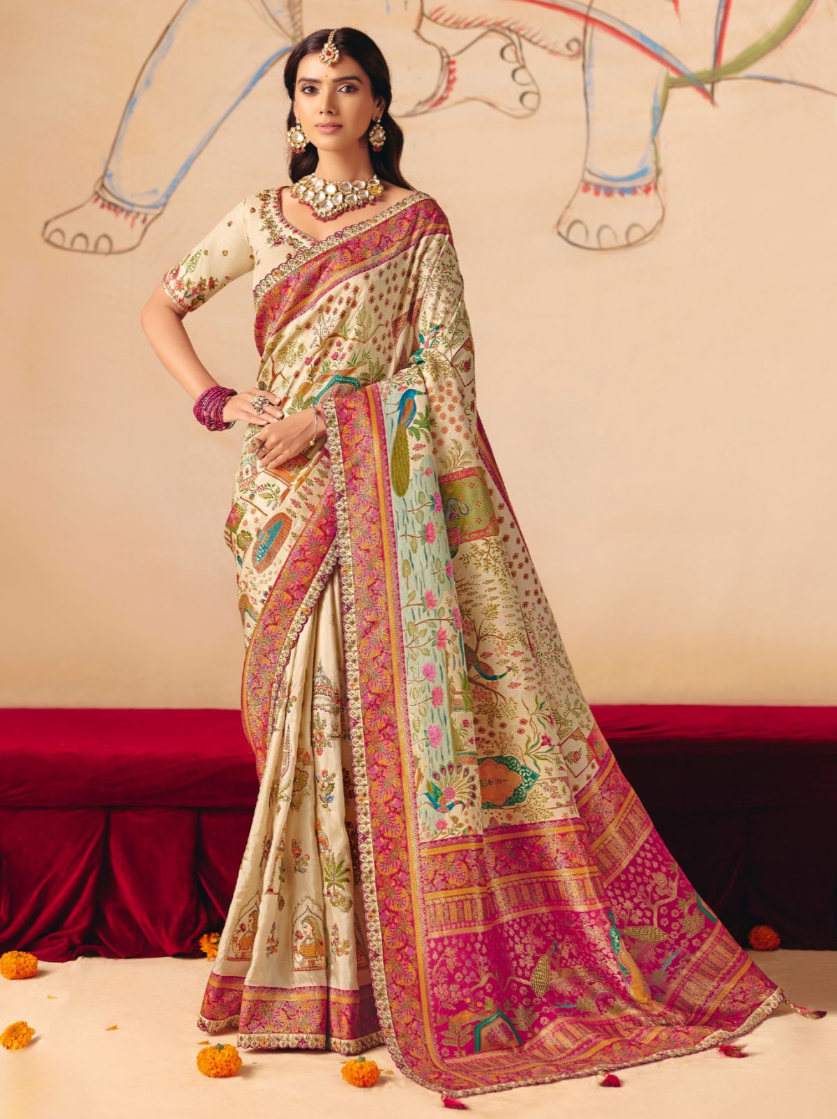 Off White Designer Dola Silk Saree with Embroidery