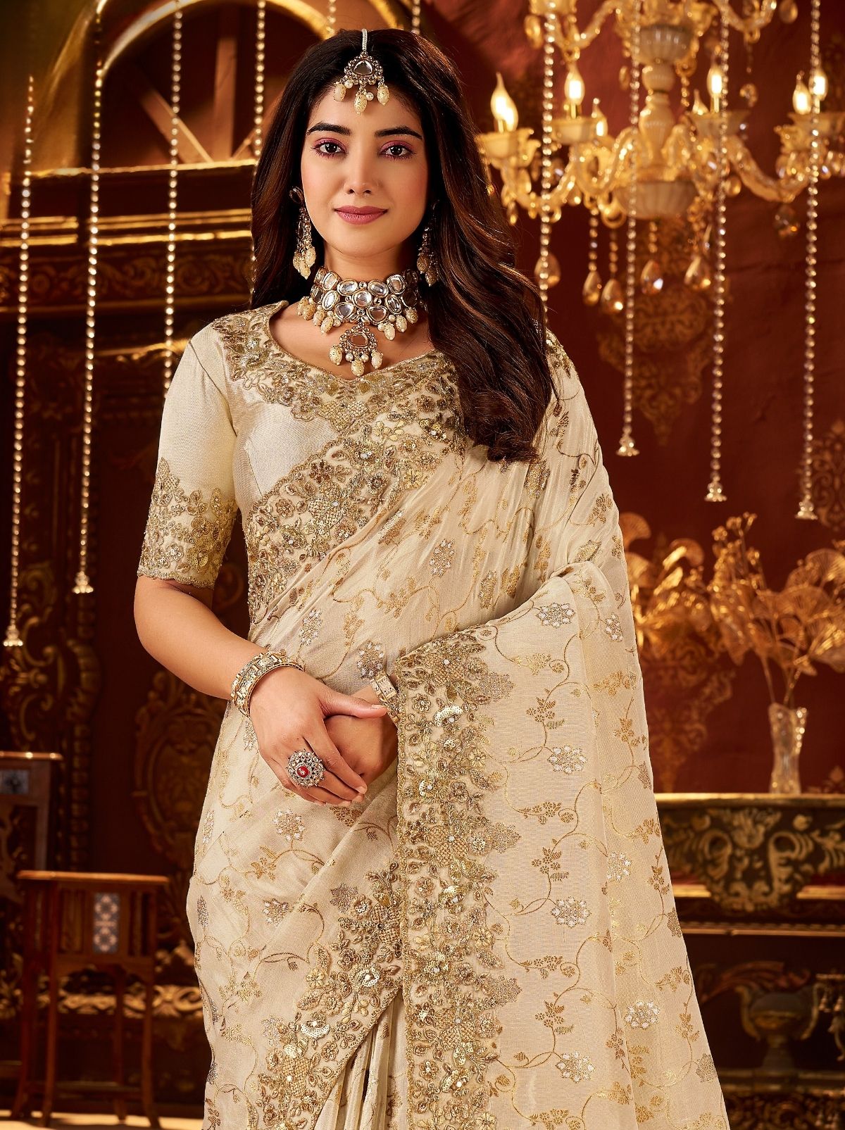 Beige Designer Fancy Silk Bridal Saree With Blouse Piece