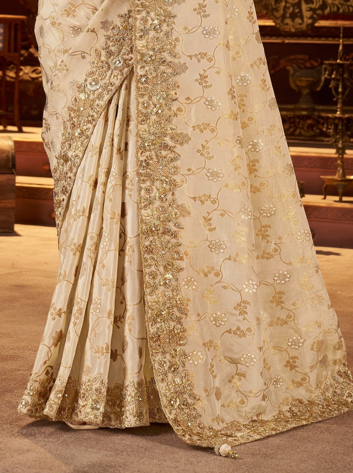 Beige Designer Fancy Silk Bridal Saree With Blouse Piece
