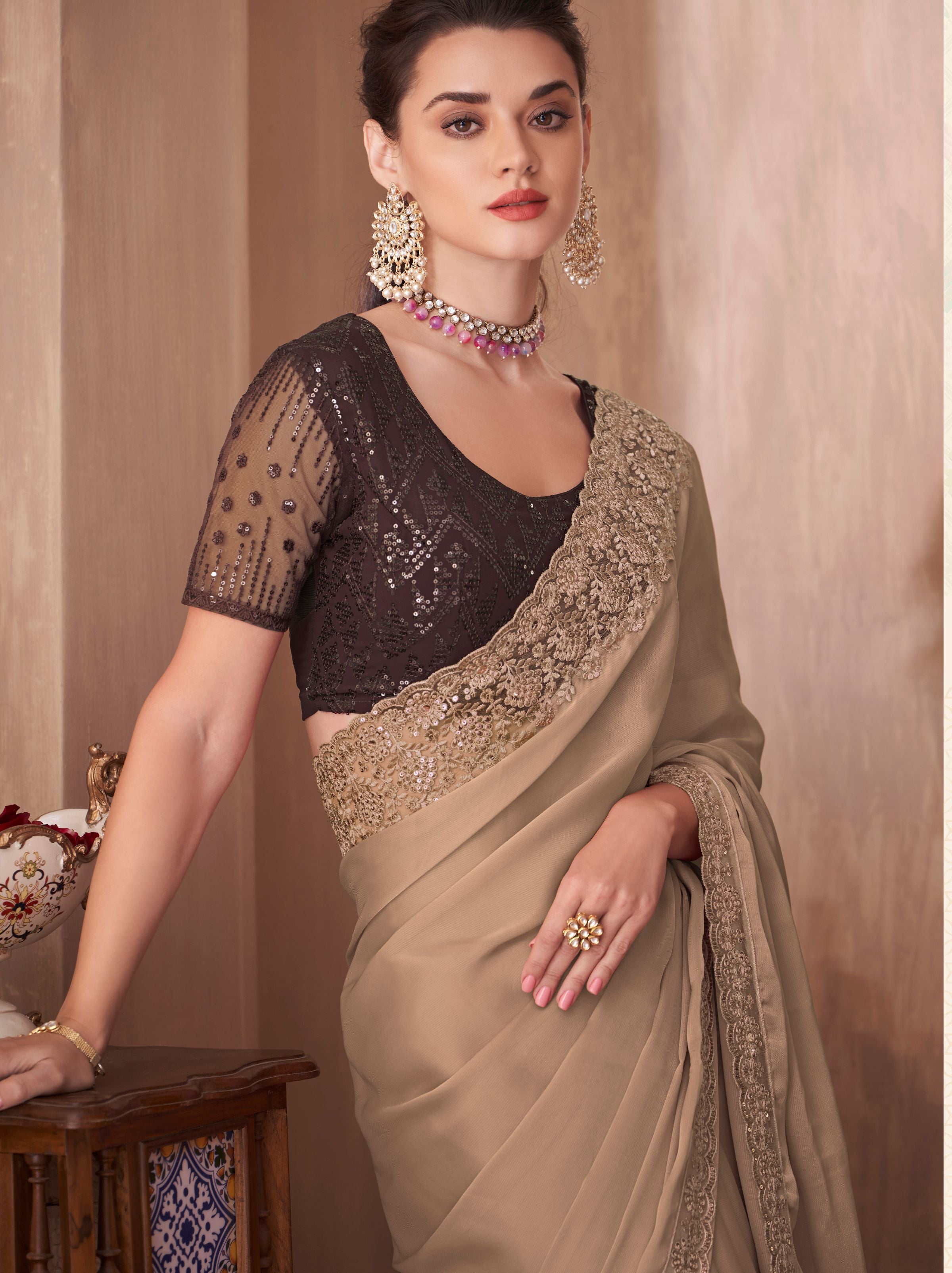 Tan Beige fancy Silk Blended Saree - TrendOye