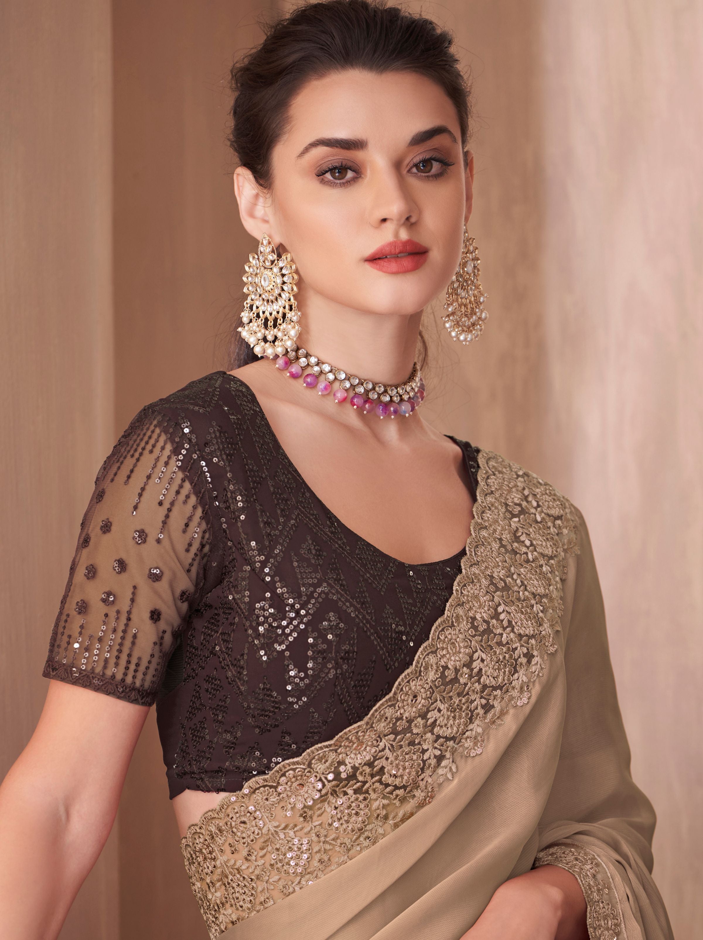 Tan Beige fancy Silk Blended Saree - TrendOye