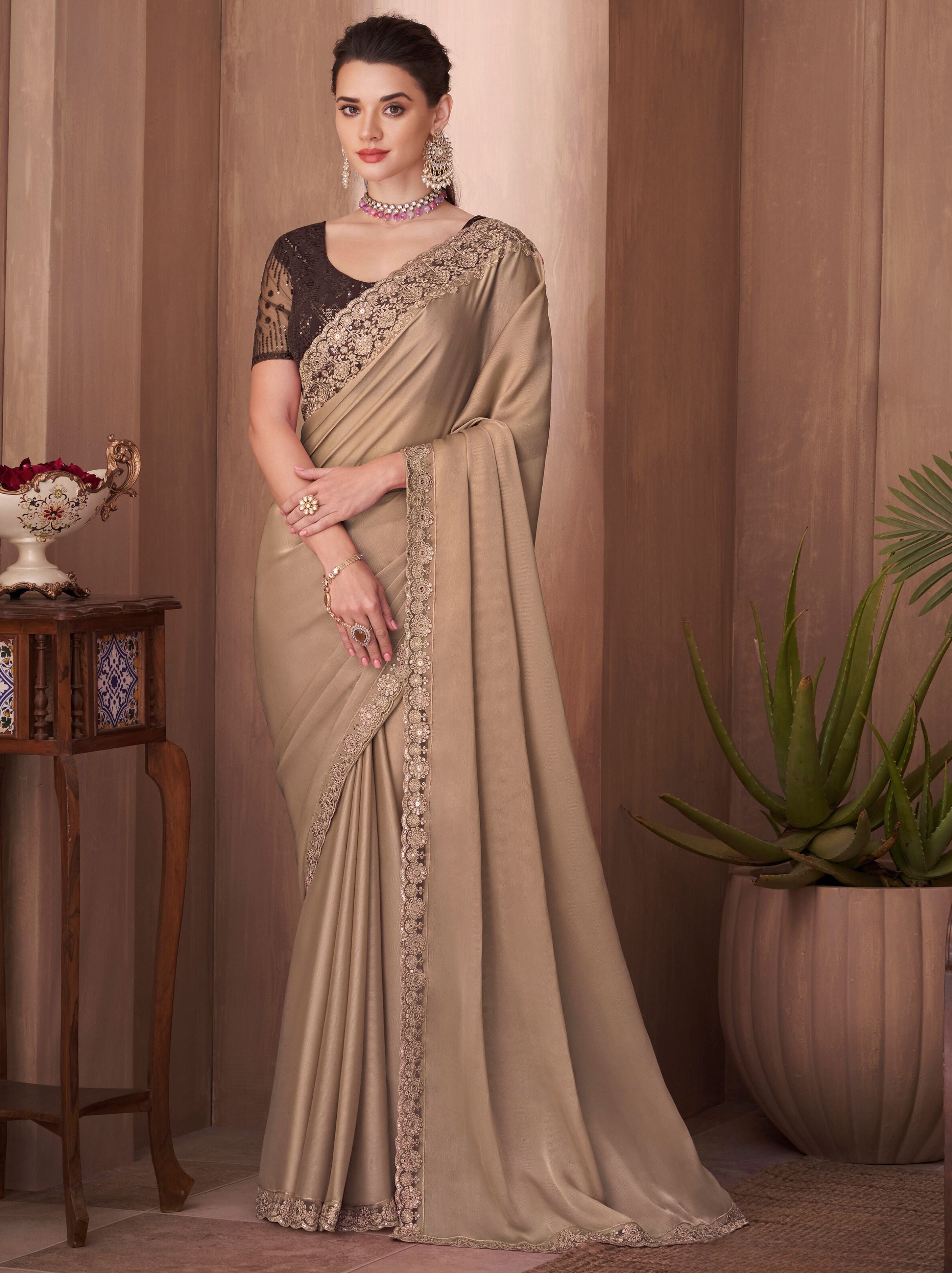Tan Beige fancy Silk Blended Saree - TrendOye