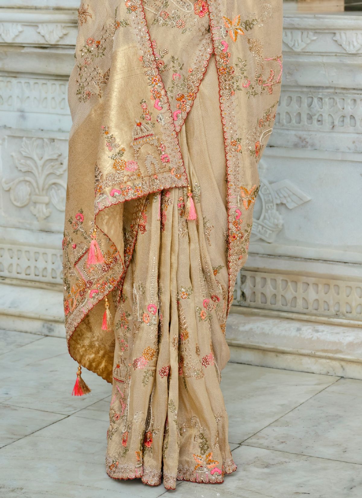 Beige Designer Premium Silk Saree With Heavy Work - TrendOye