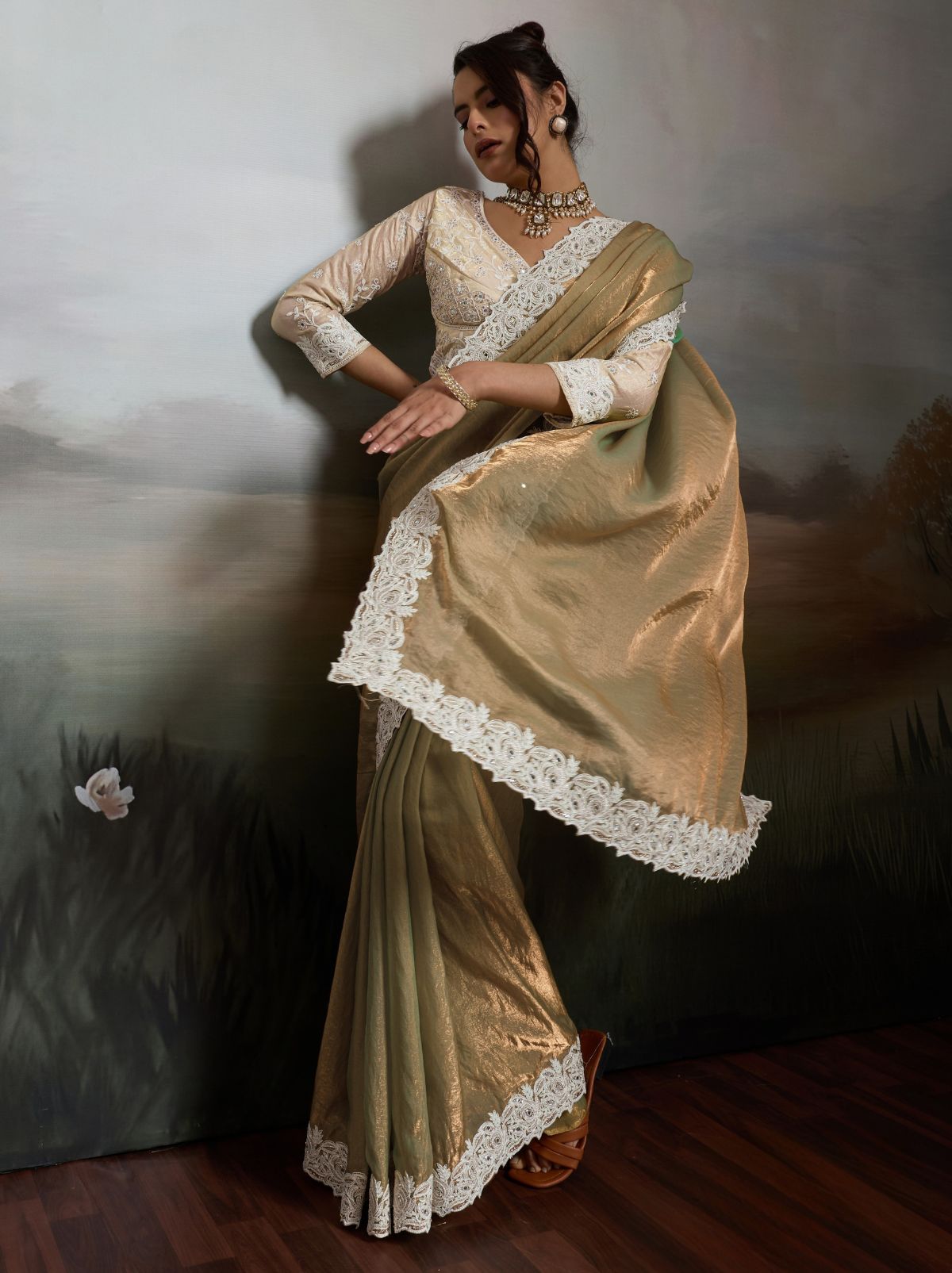 Dark Beige Designer Satin Velvet Silk Saree With Mirror Work