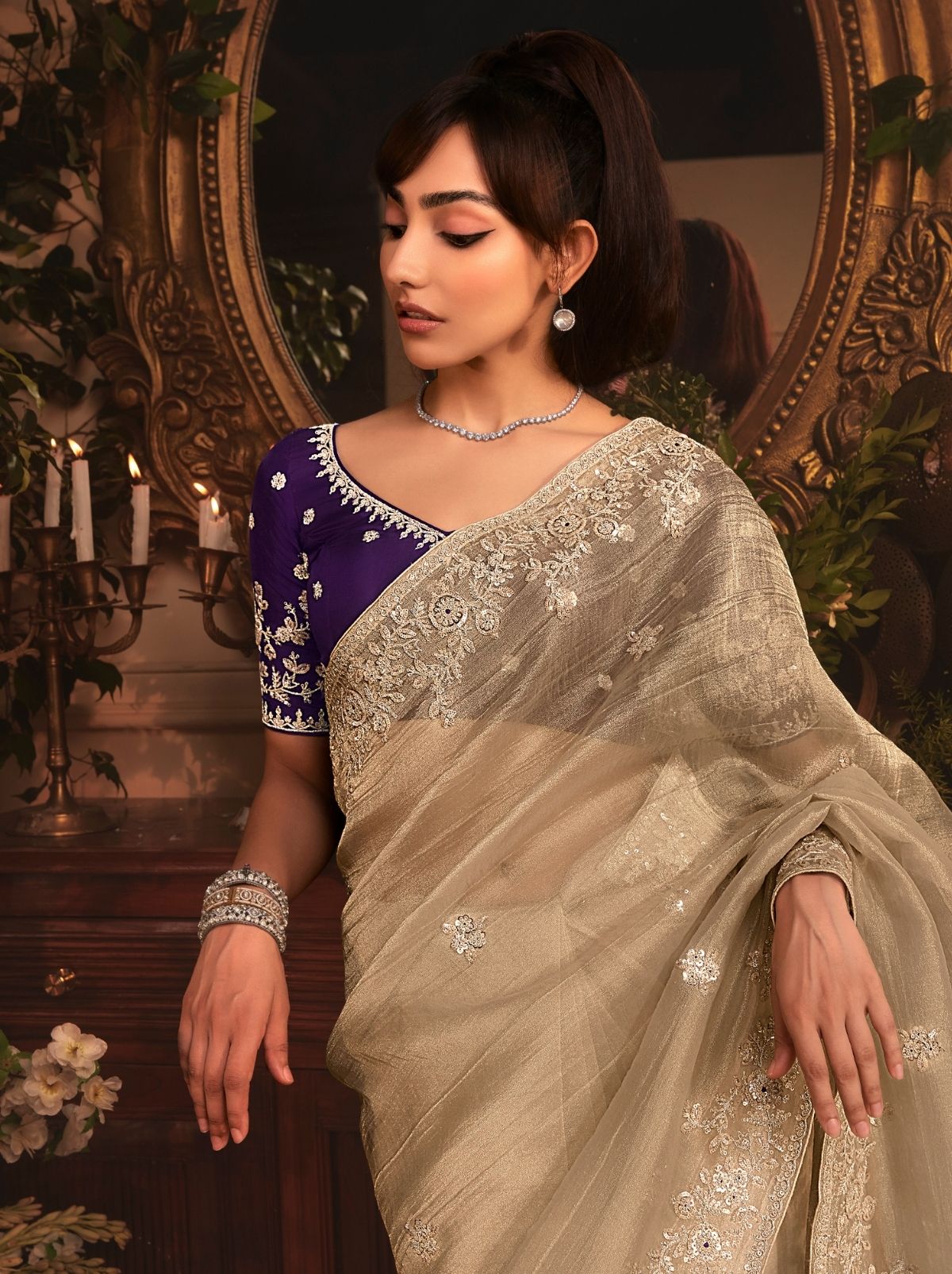 Beige Designer Tissue Organza Saree with Stone Work