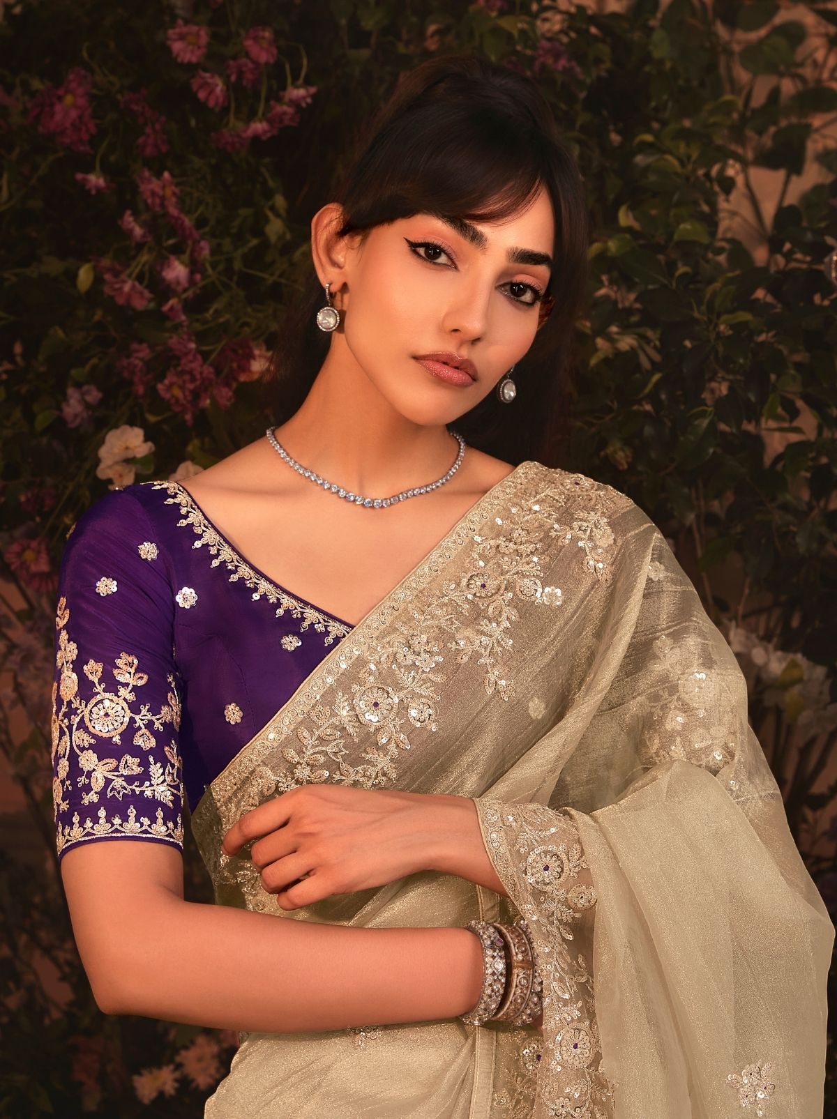 Beige Designer Tissue Organza Saree with Stone Work