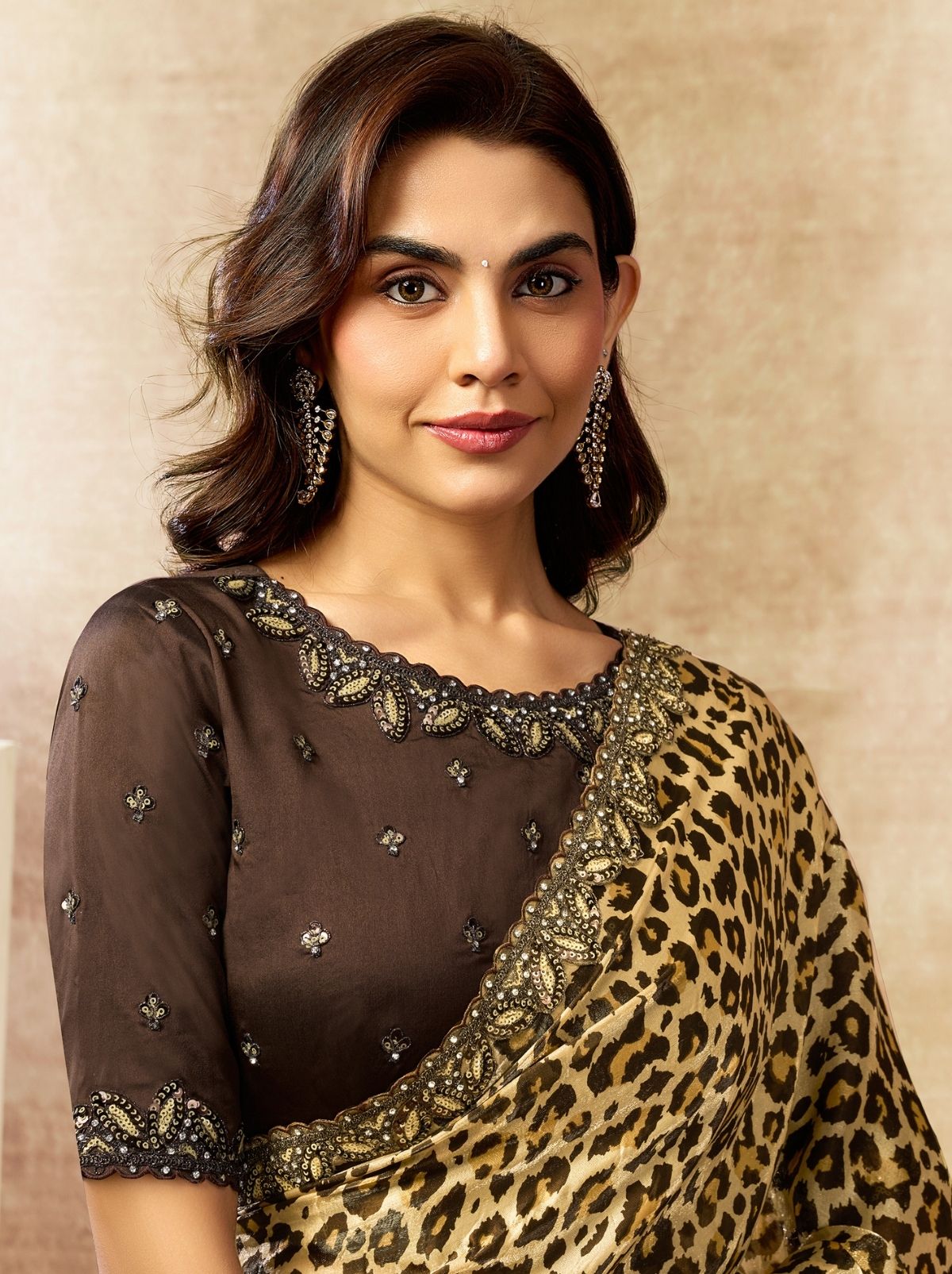 Beige Designer Two Tone Satin Silk Saree With Leopard Print - TrendOye