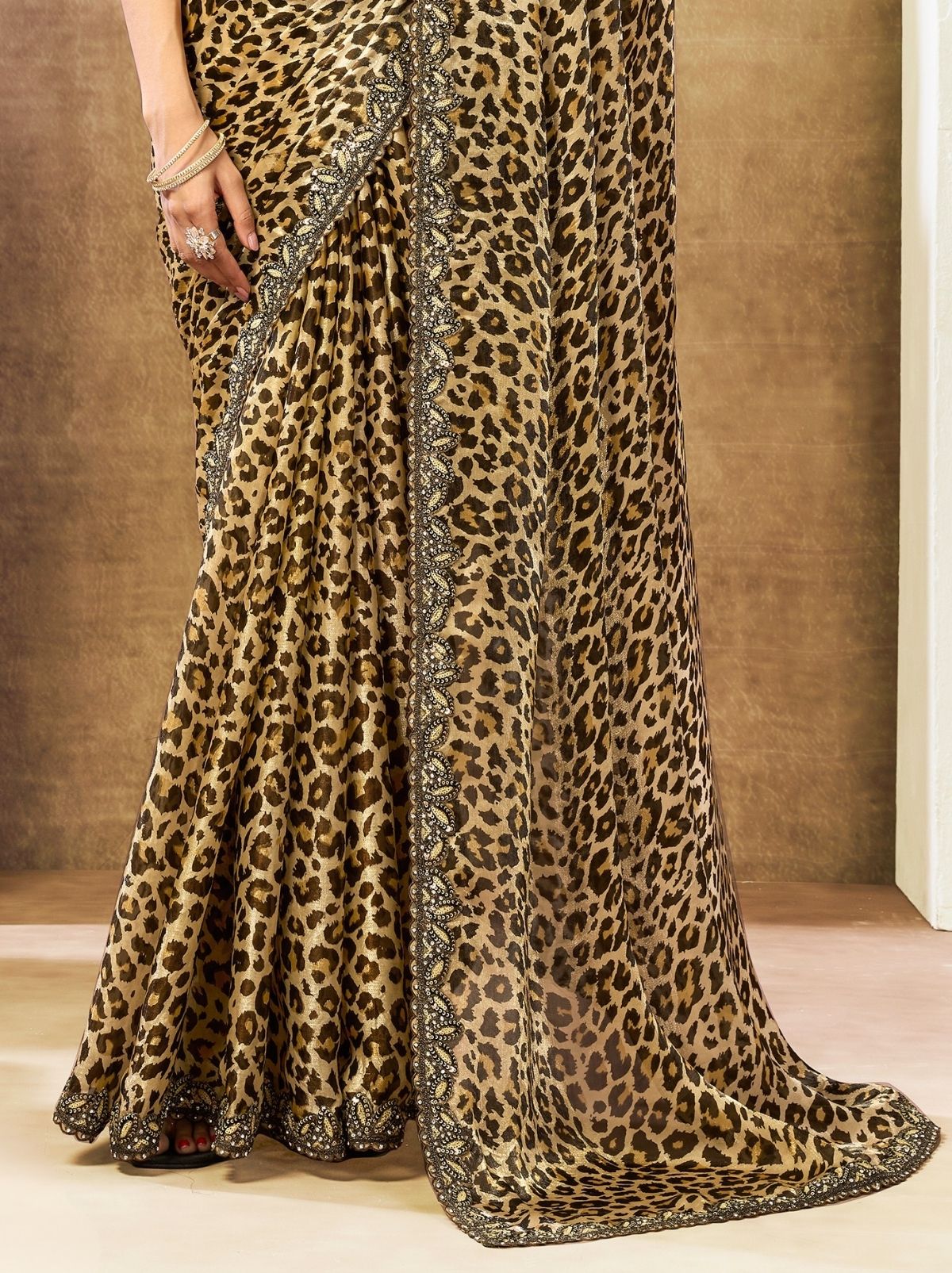 Beige Designer Two Tone Satin Silk Saree With Leopard Print - TrendOye