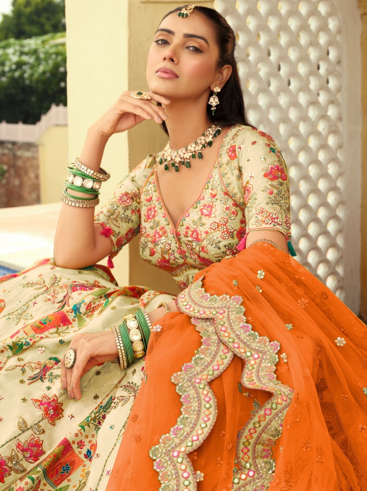 Beige Designer Wedding Lehenga Set With Cut Work Border