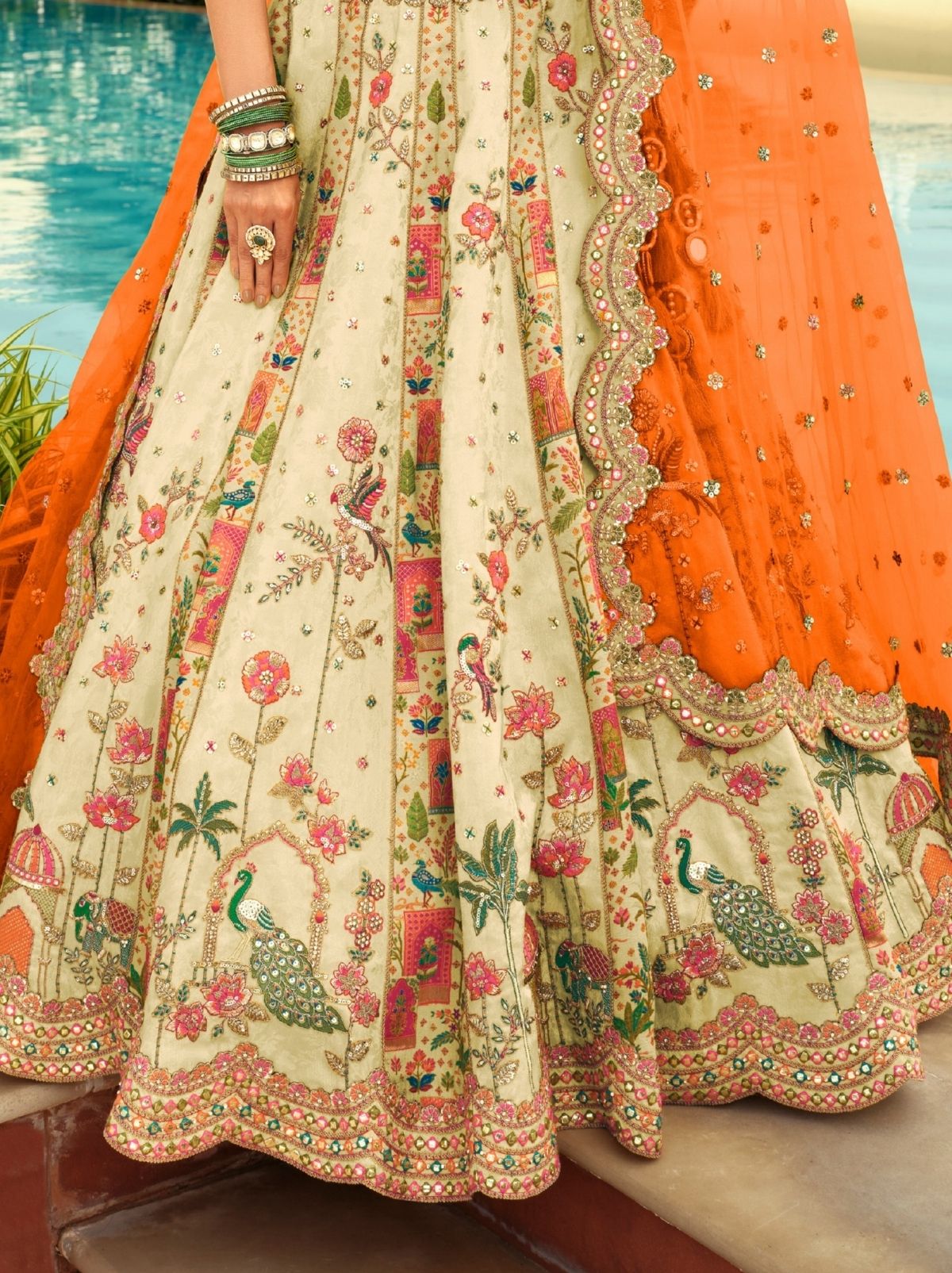 Beige Designer Wedding Lehenga Set With Cut Work Border