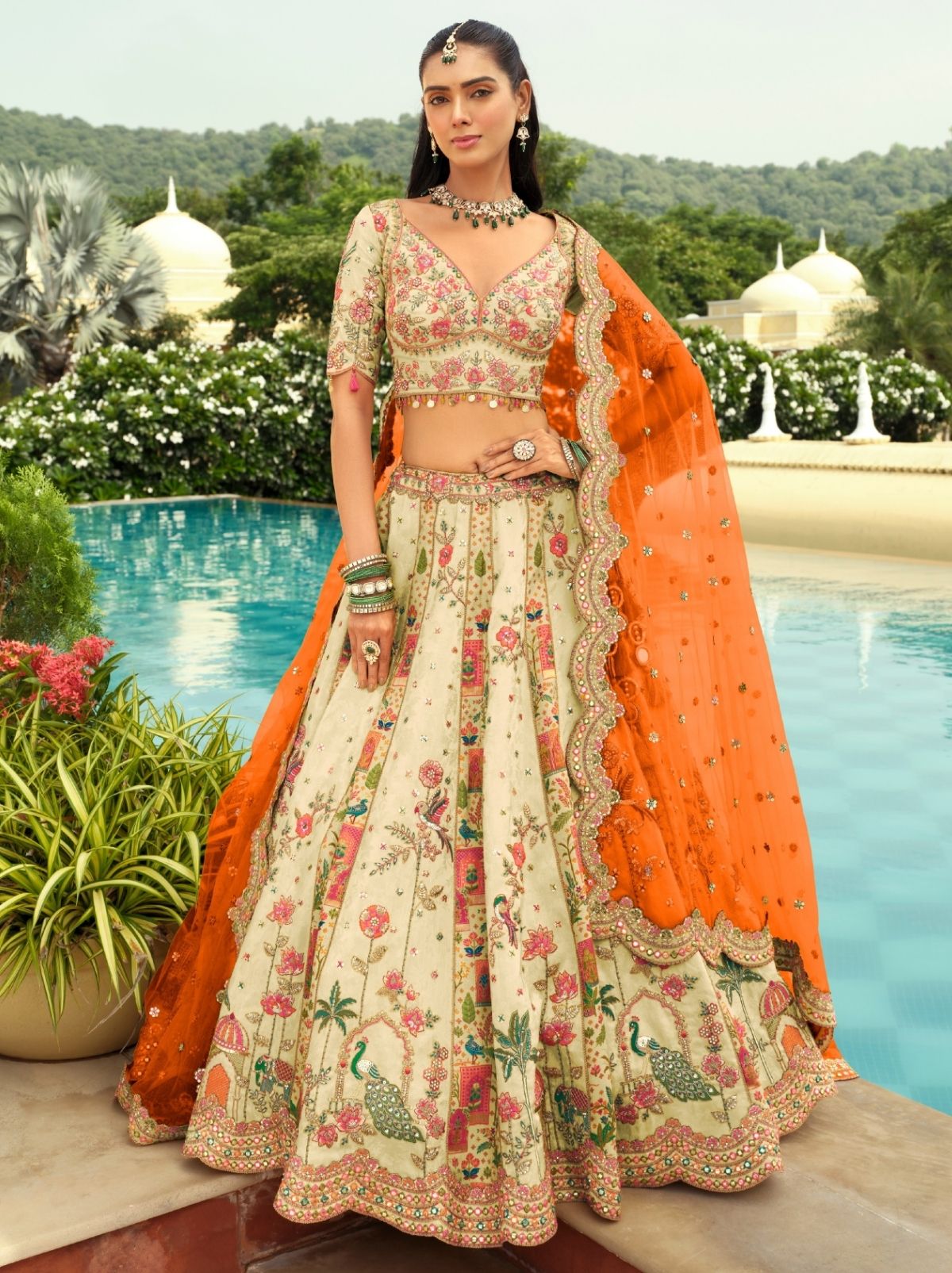 Beige Designer Wedding Lehenga Set With Cut Work Border