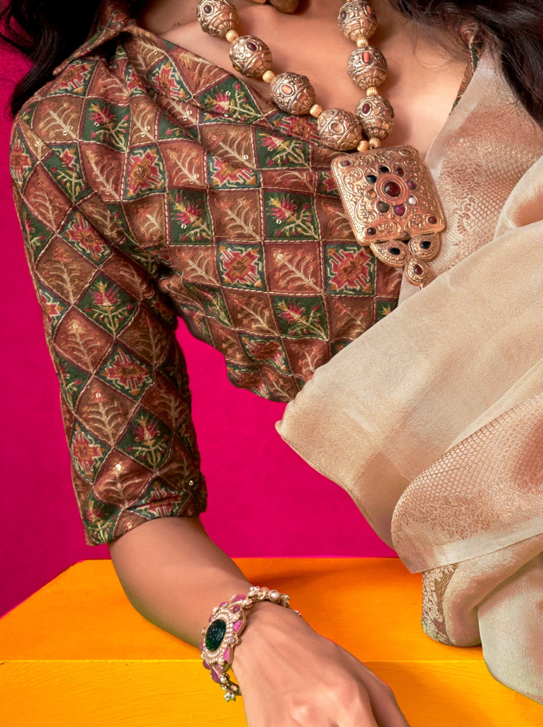 Beige Tissue Silk Party Saree - TrendOye
