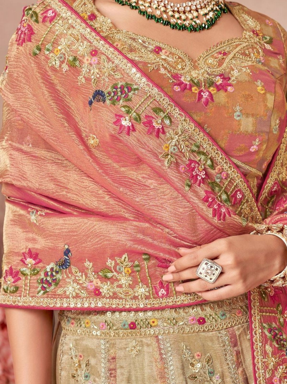 Tan Beige Exclusive Reception Lehenga Set With Zari Work