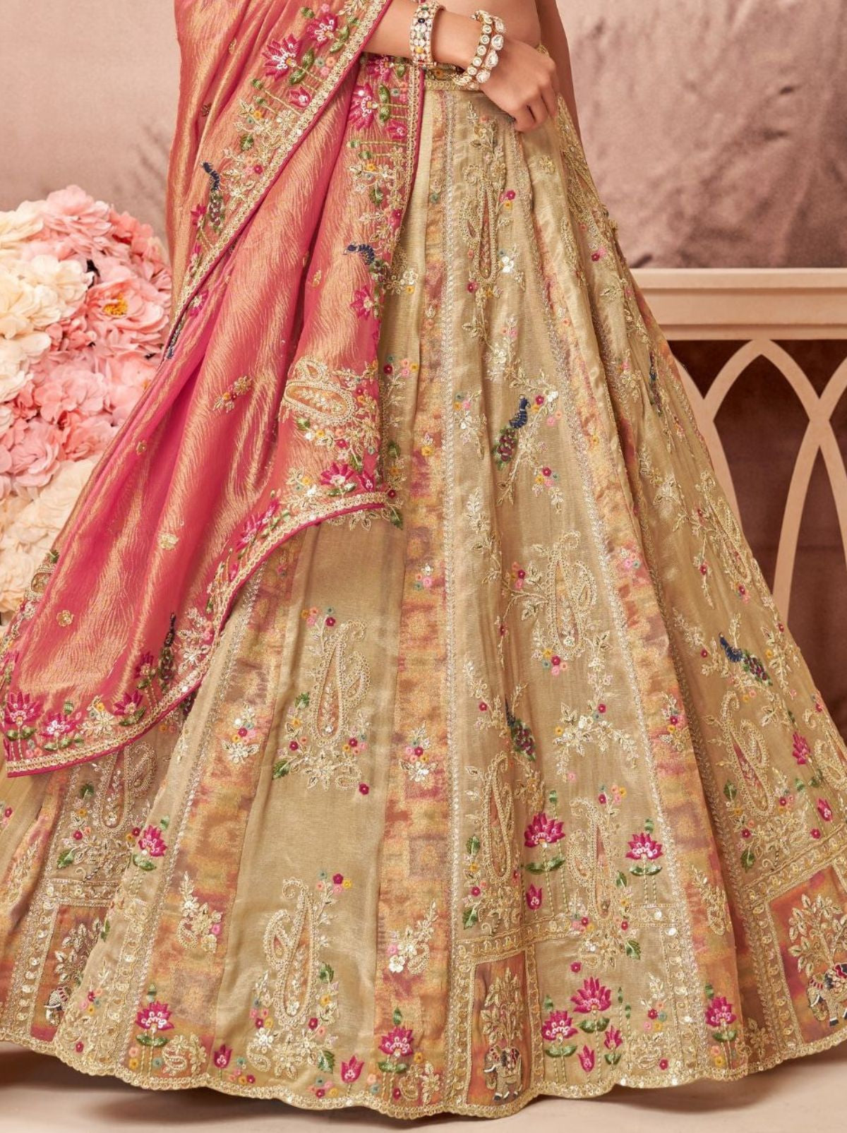 Tan Beige Exclusive Reception Lehenga Set With Zari Work