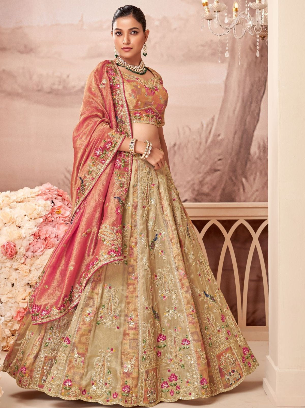 Tan Beige Exclusive Reception Lehenga Set With Zari Work