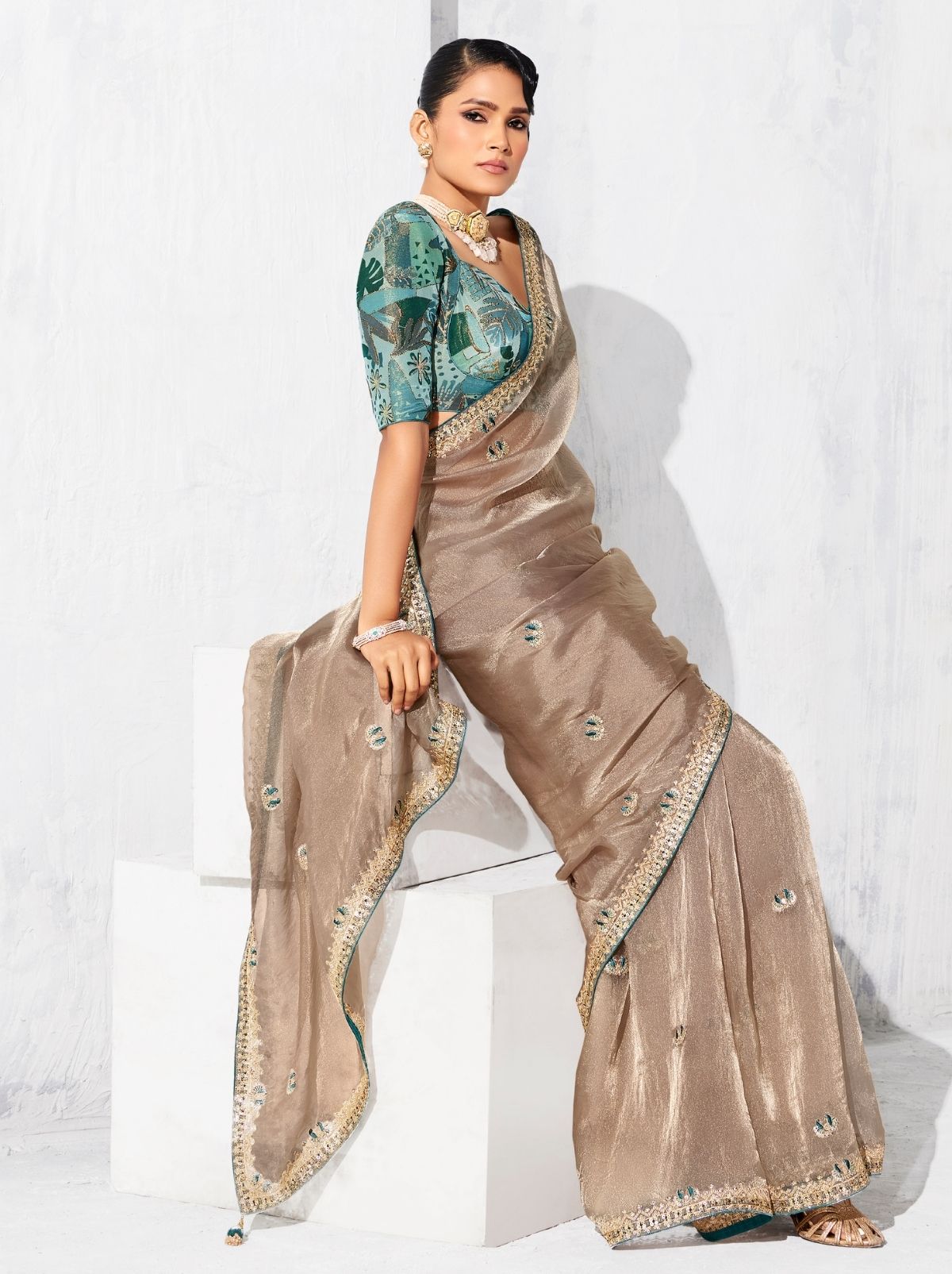 Beige Fancy Silk Saree with Beautiful Blouse Piece