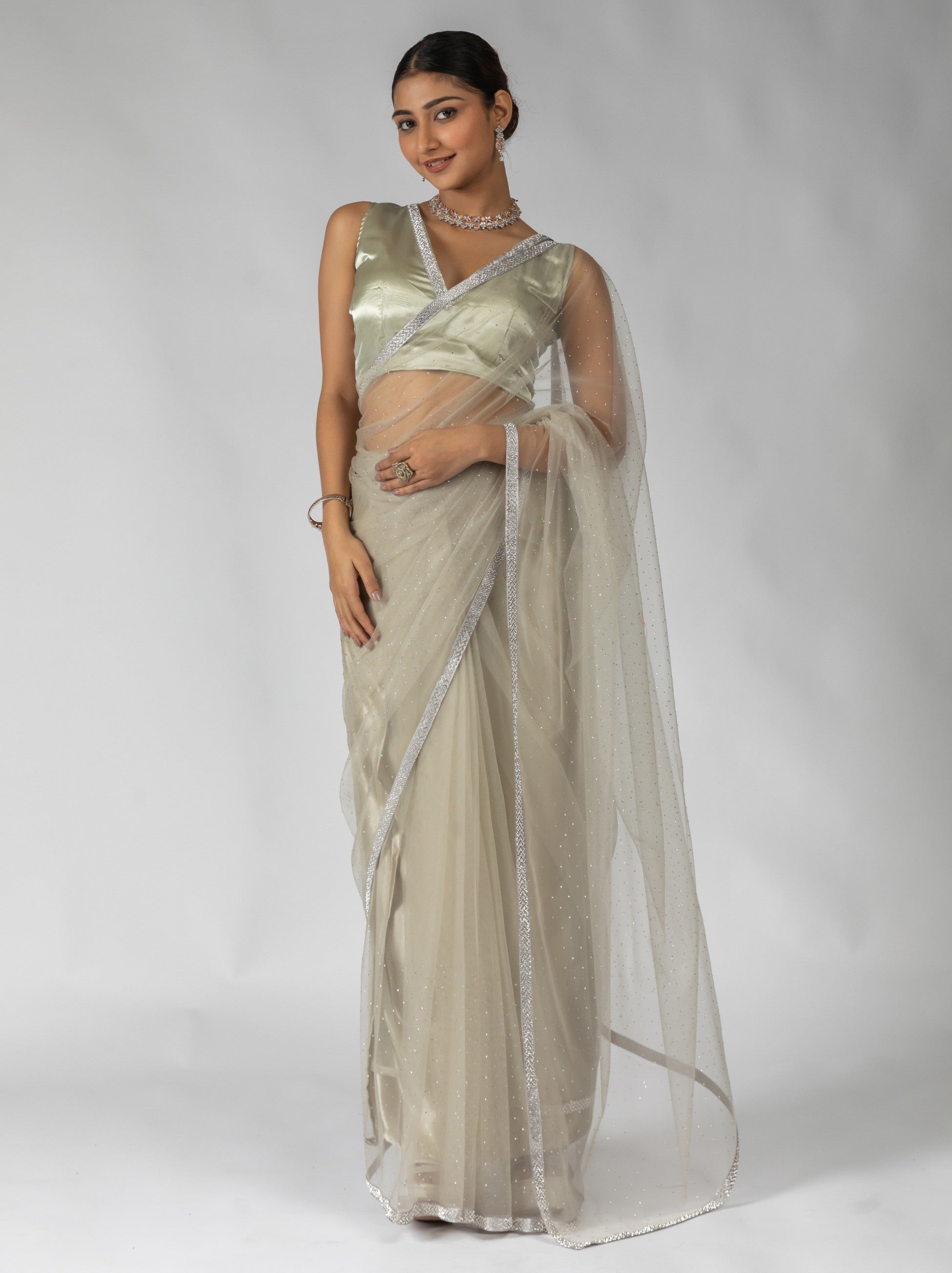 Beige Net Designer Ready to Wear Saree With Dimond Work - TrendOye