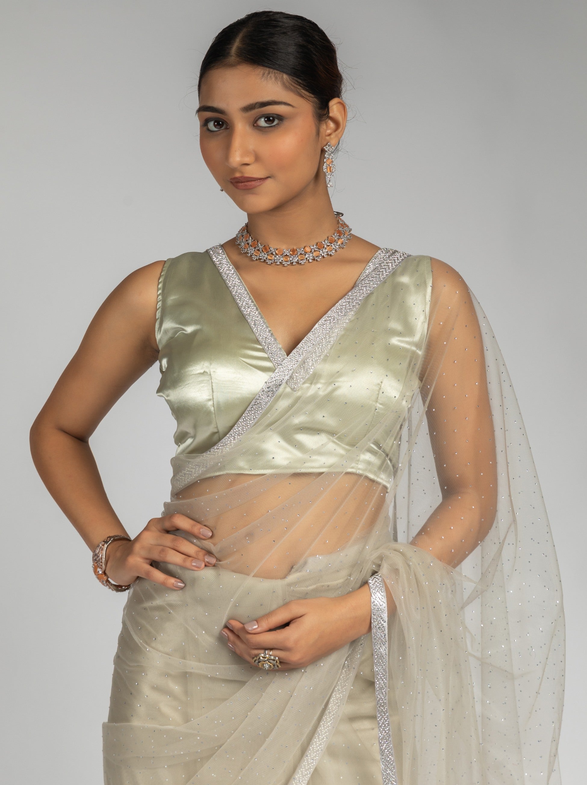 Beige Net Designer Ready to Wear Saree With Dimond Work - TrendOye