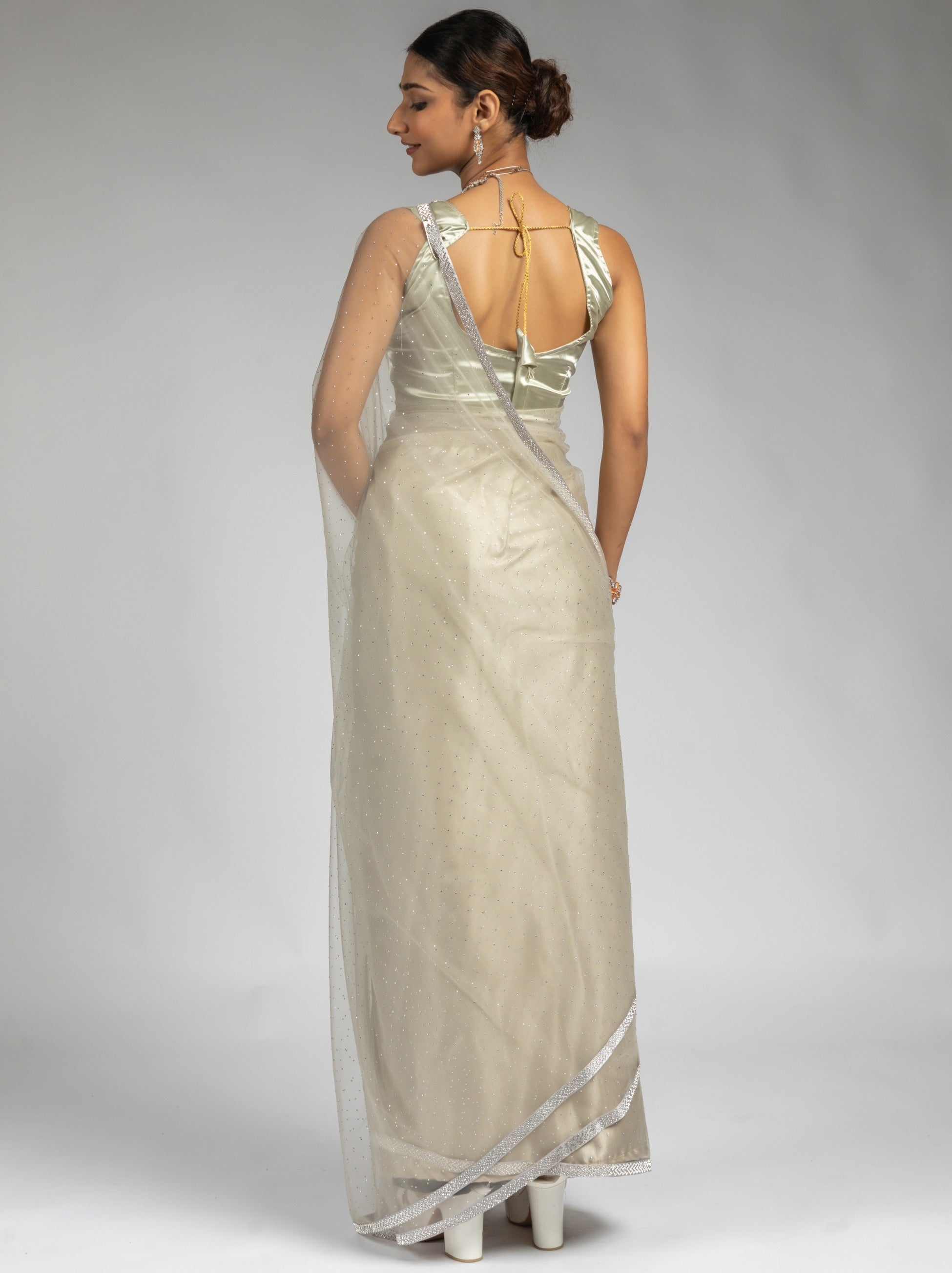 Beige Net Designer Ready to Wear Saree With Dimond Work - TrendOye