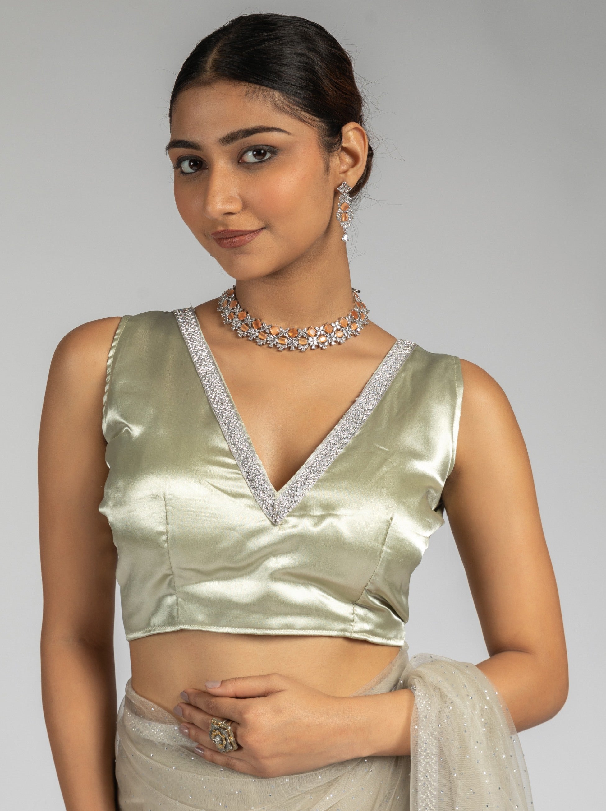Beige Net Designer Ready to Wear Saree With Dimond Work - TrendOye