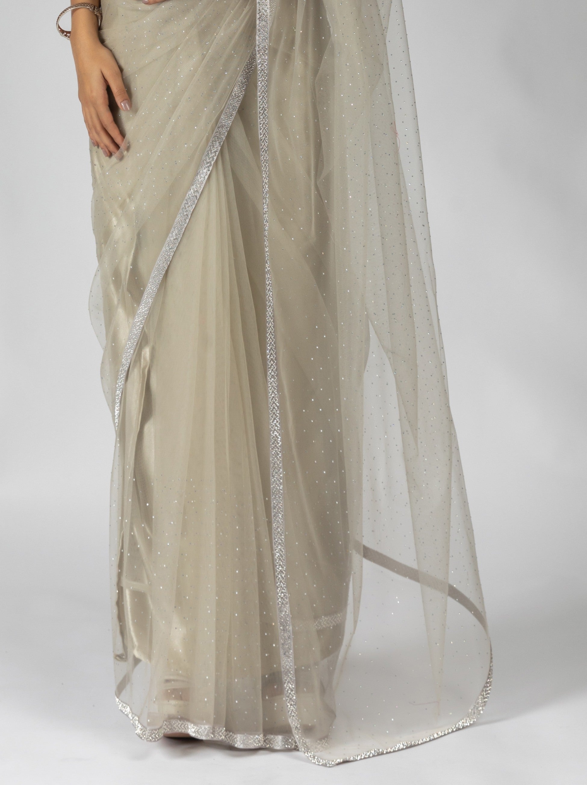 Beige Net Designer Ready to Wear Saree With Dimond Work - TrendOye