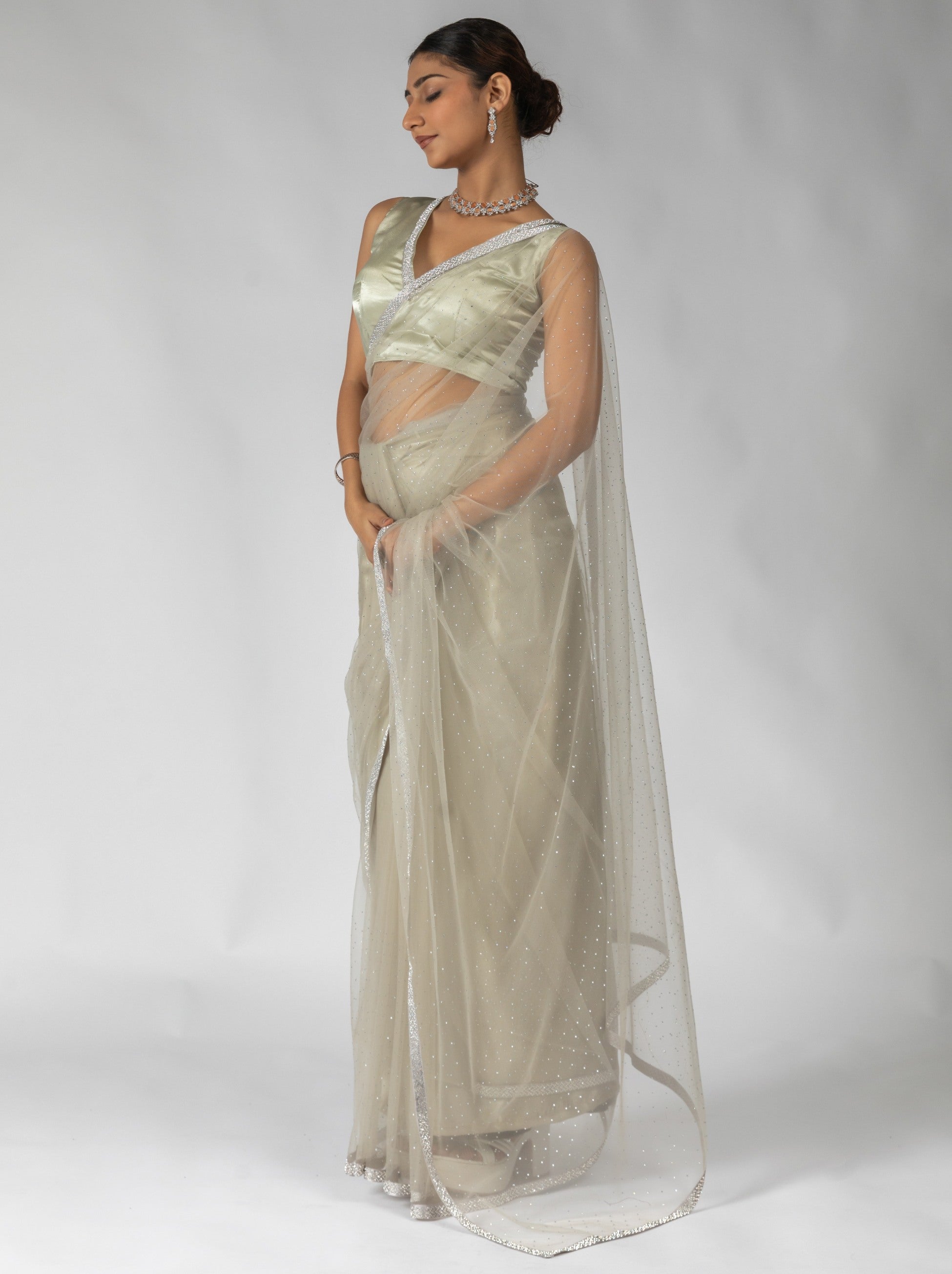 Beige Net Designer Ready to Wear Saree With Dimond Work - TrendOye