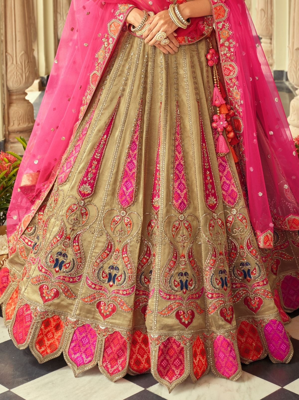 Sand Beige Majestic Wedding Lehenga Set With Mirror Work